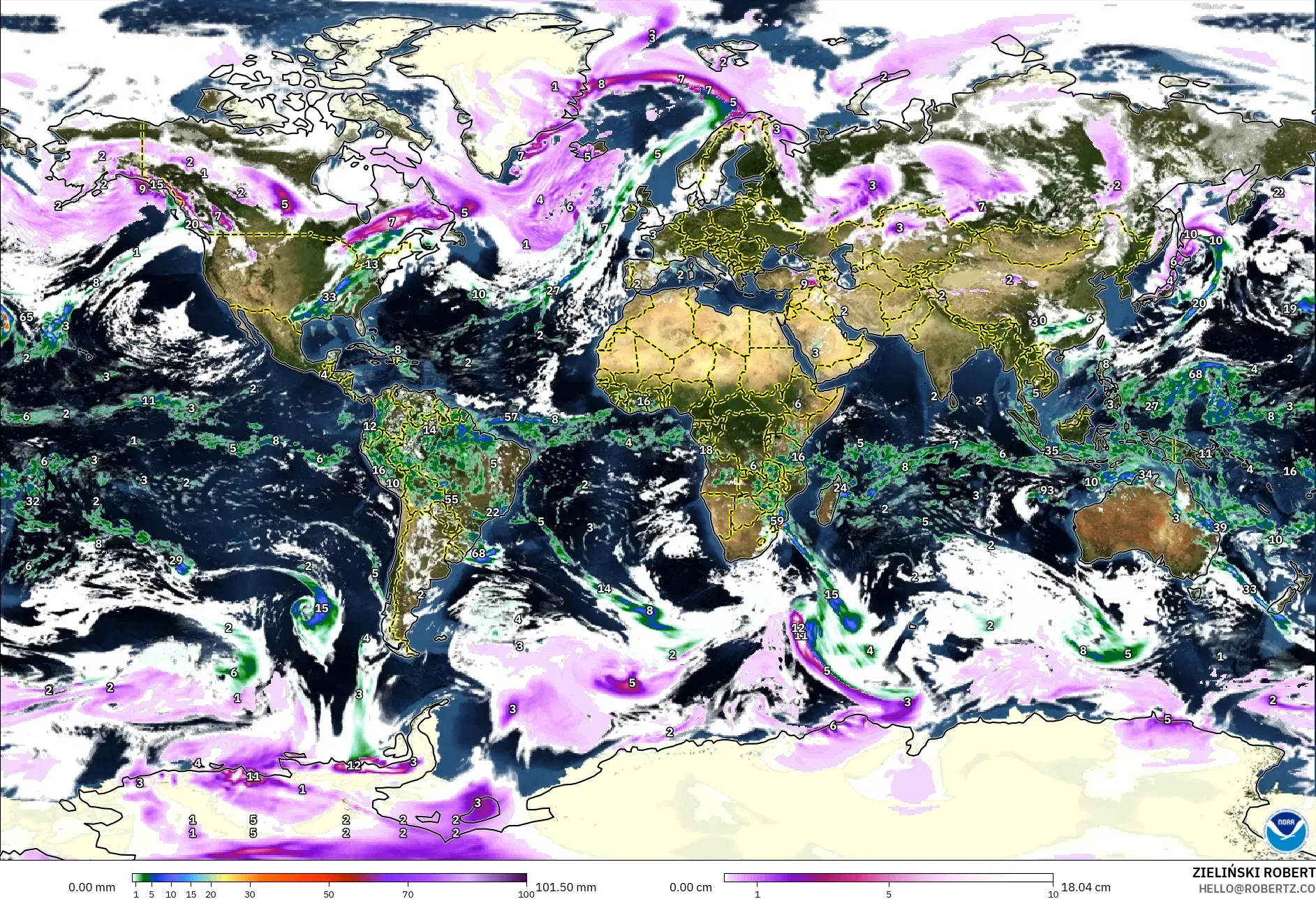 GFS model - World, Precipitation, Clouds, and Pressure
