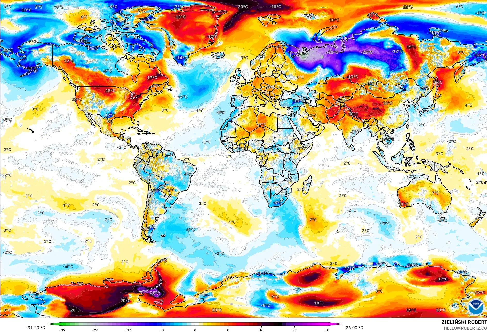 GFS model - World, Temperature at 2m Anomaly