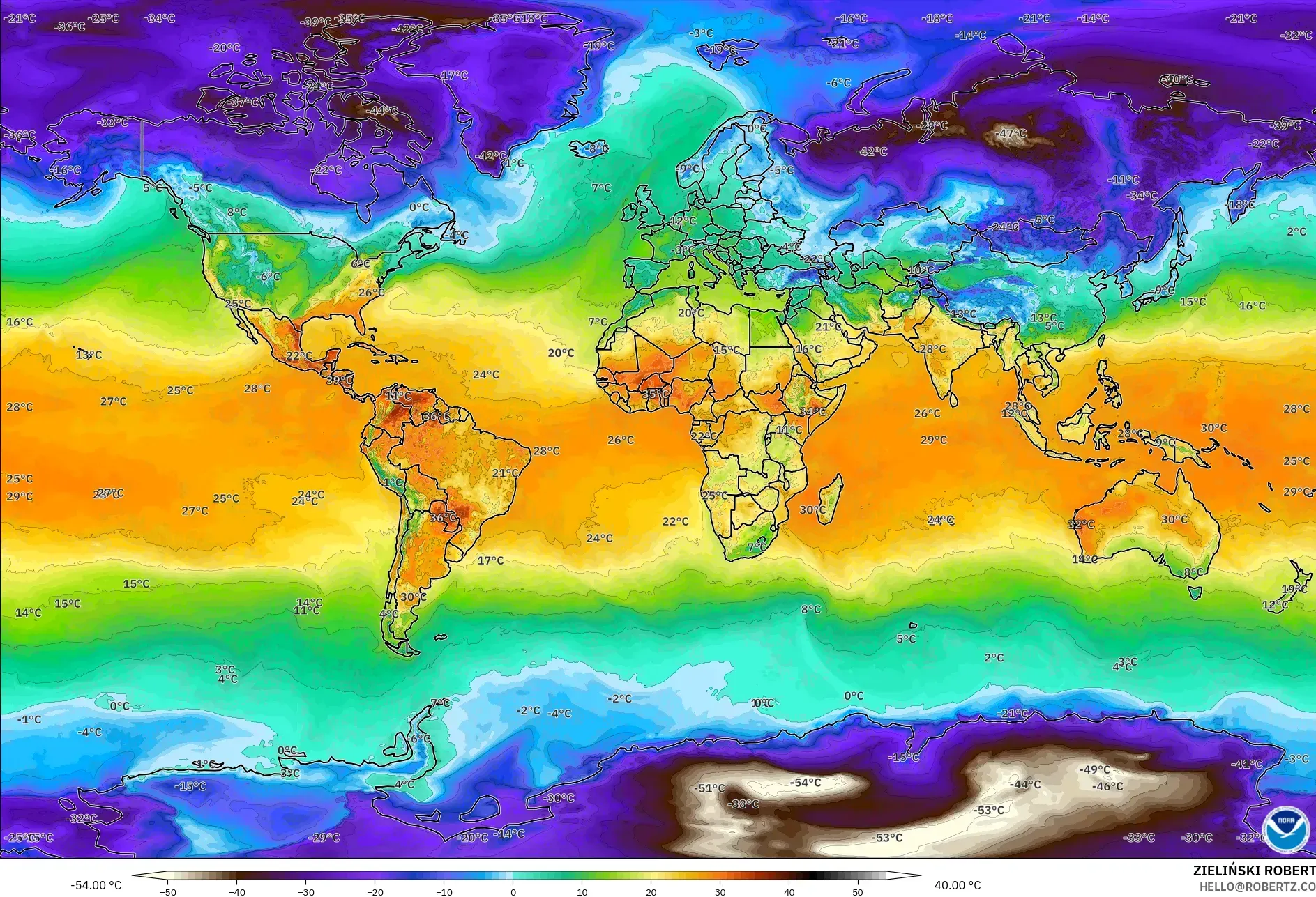 GFS model - World, Temperature at 2m