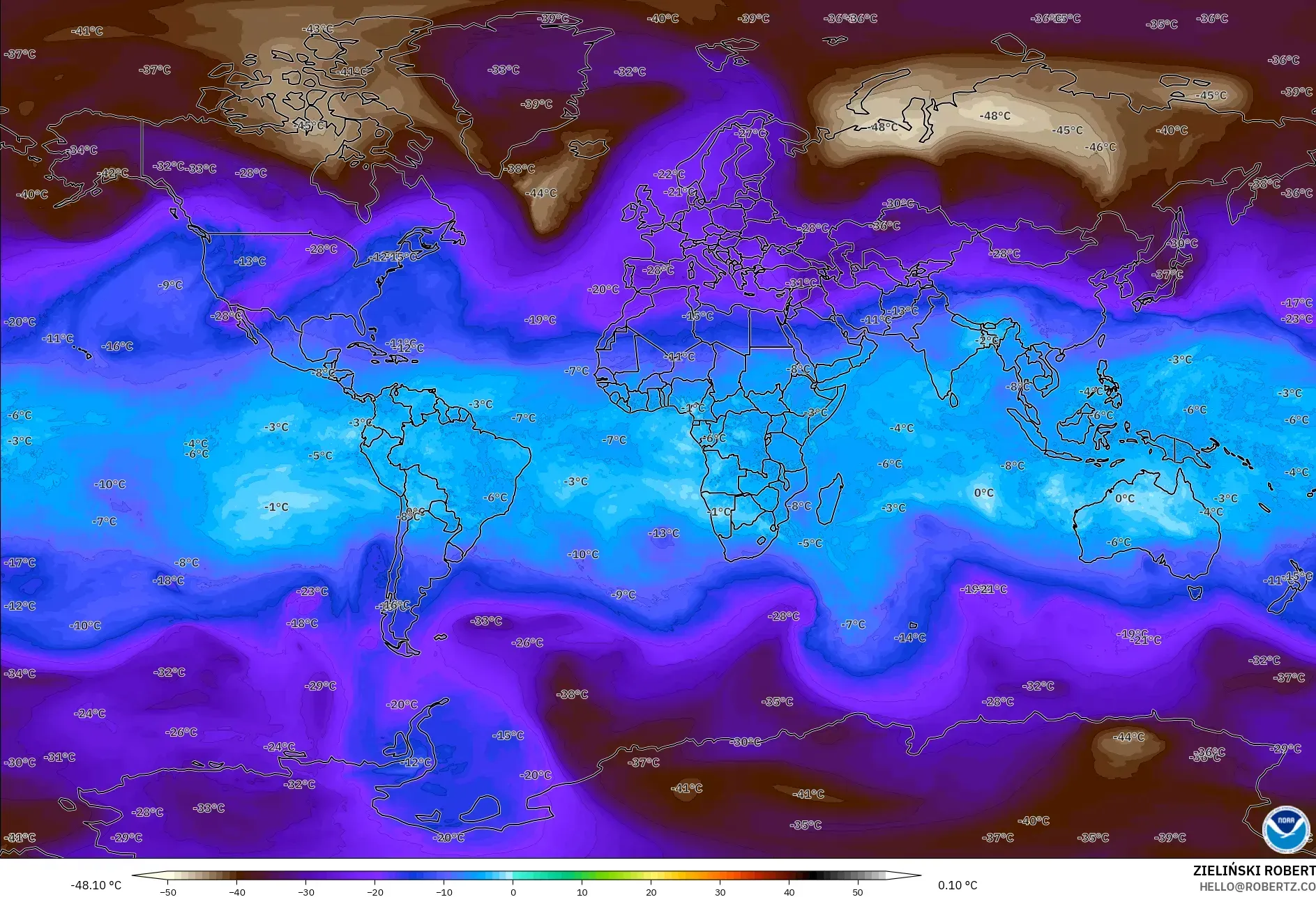 GFS model - World, Temperature at 500hPa