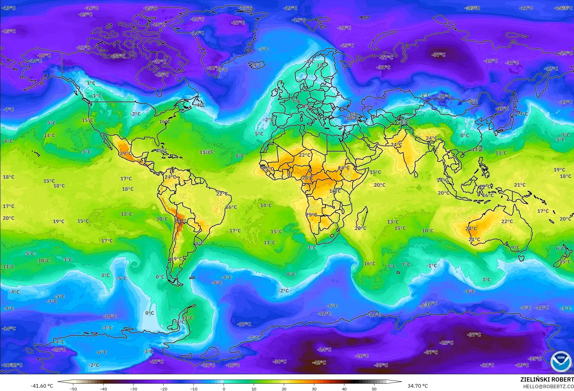 GFS model - World, Temperature at 850hPa