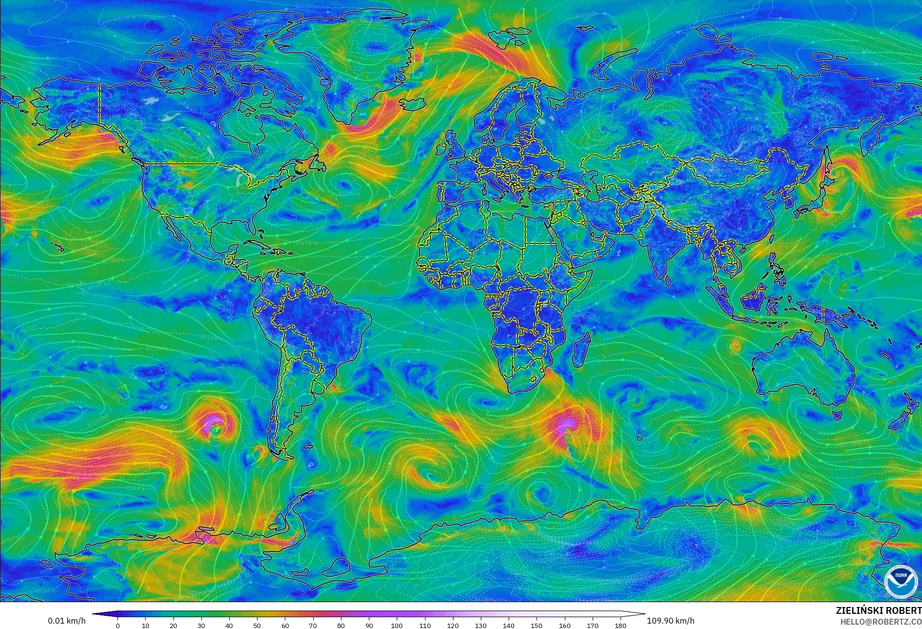 GFS model - World, Wind at 10m