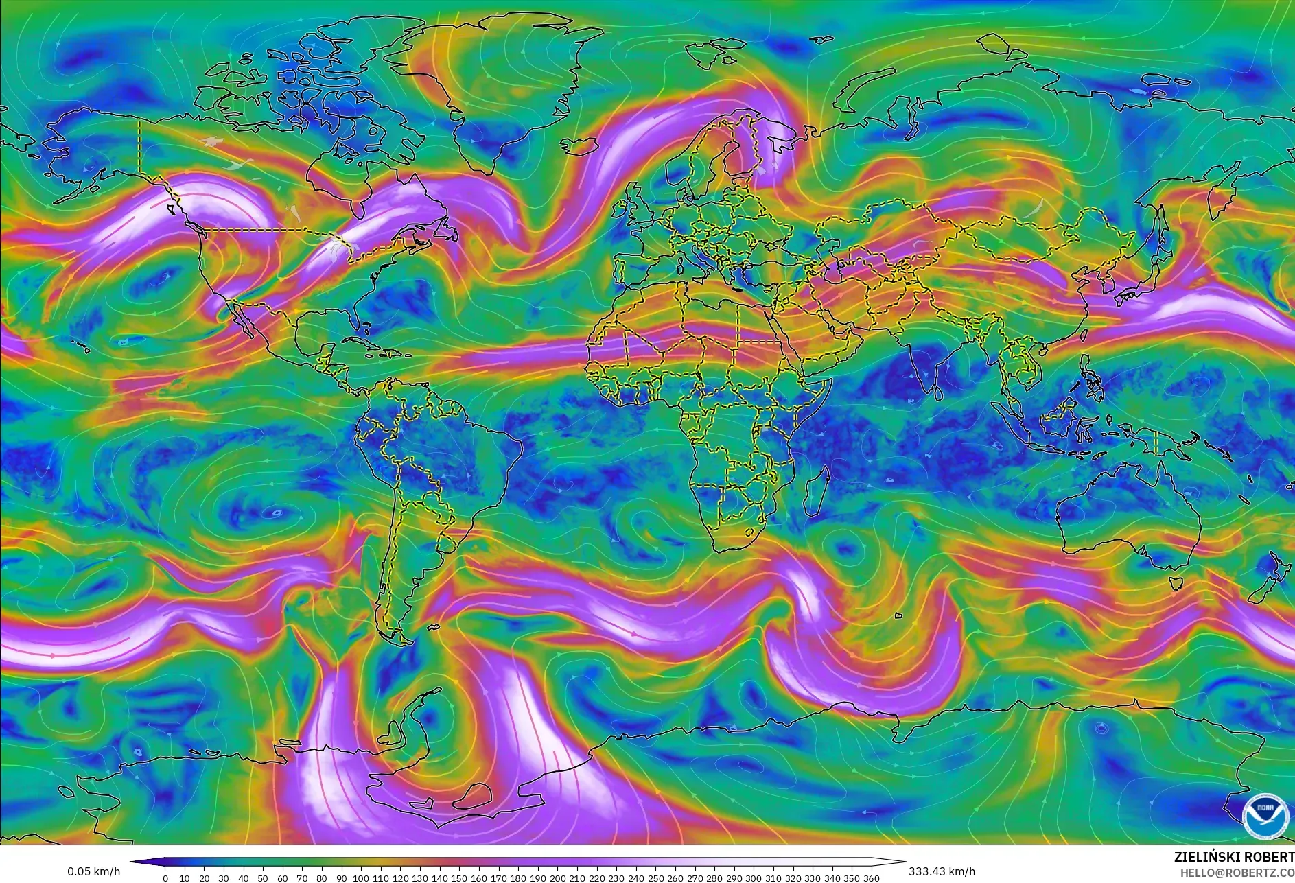 GFS model - World, Wind at 300hPa (jet stream)