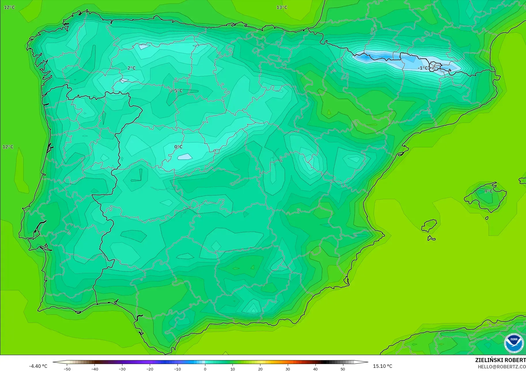 GFS model - Spain, Temperature at 2m