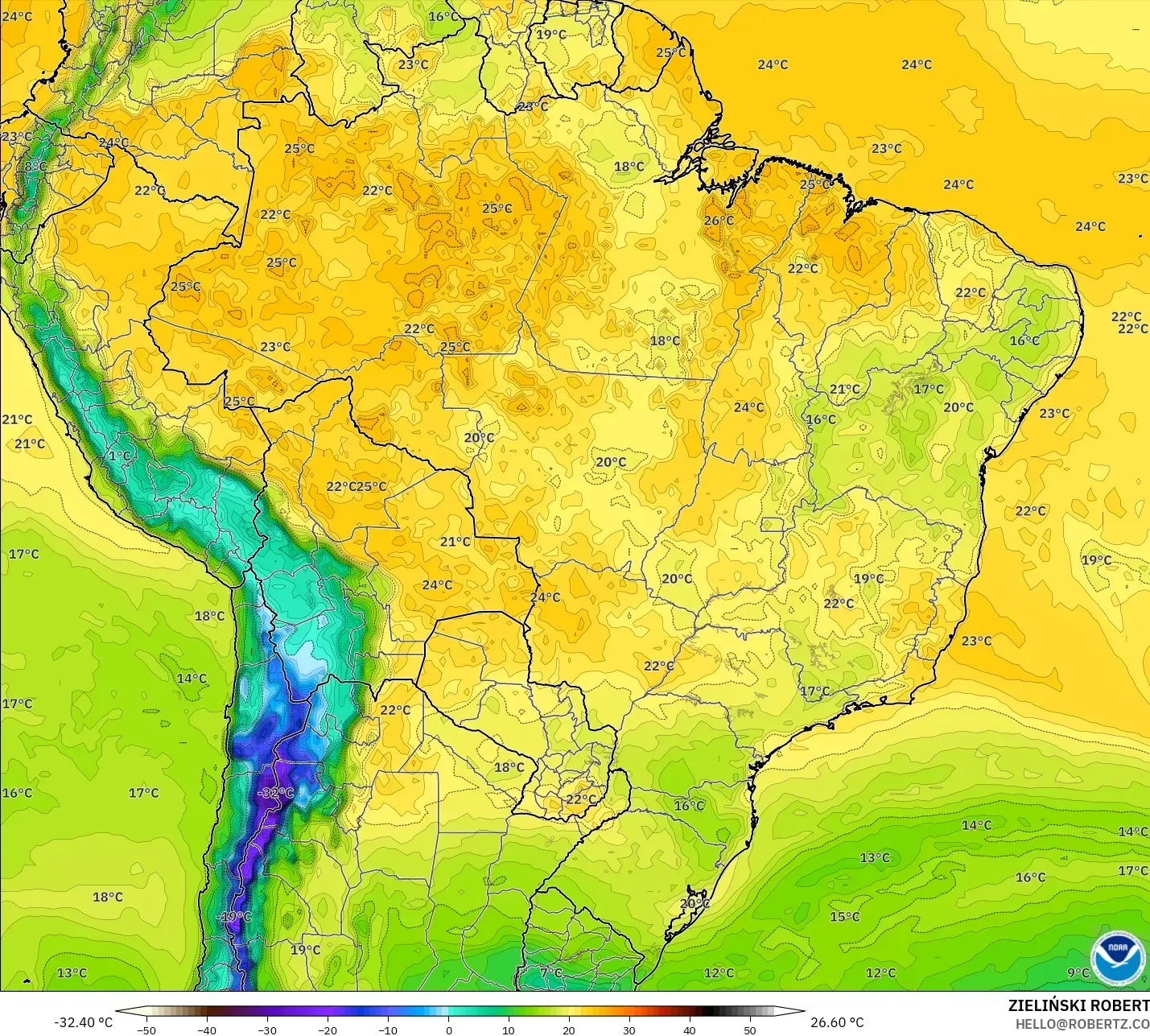 GFS model - Brazil, Dewpoint at 2m