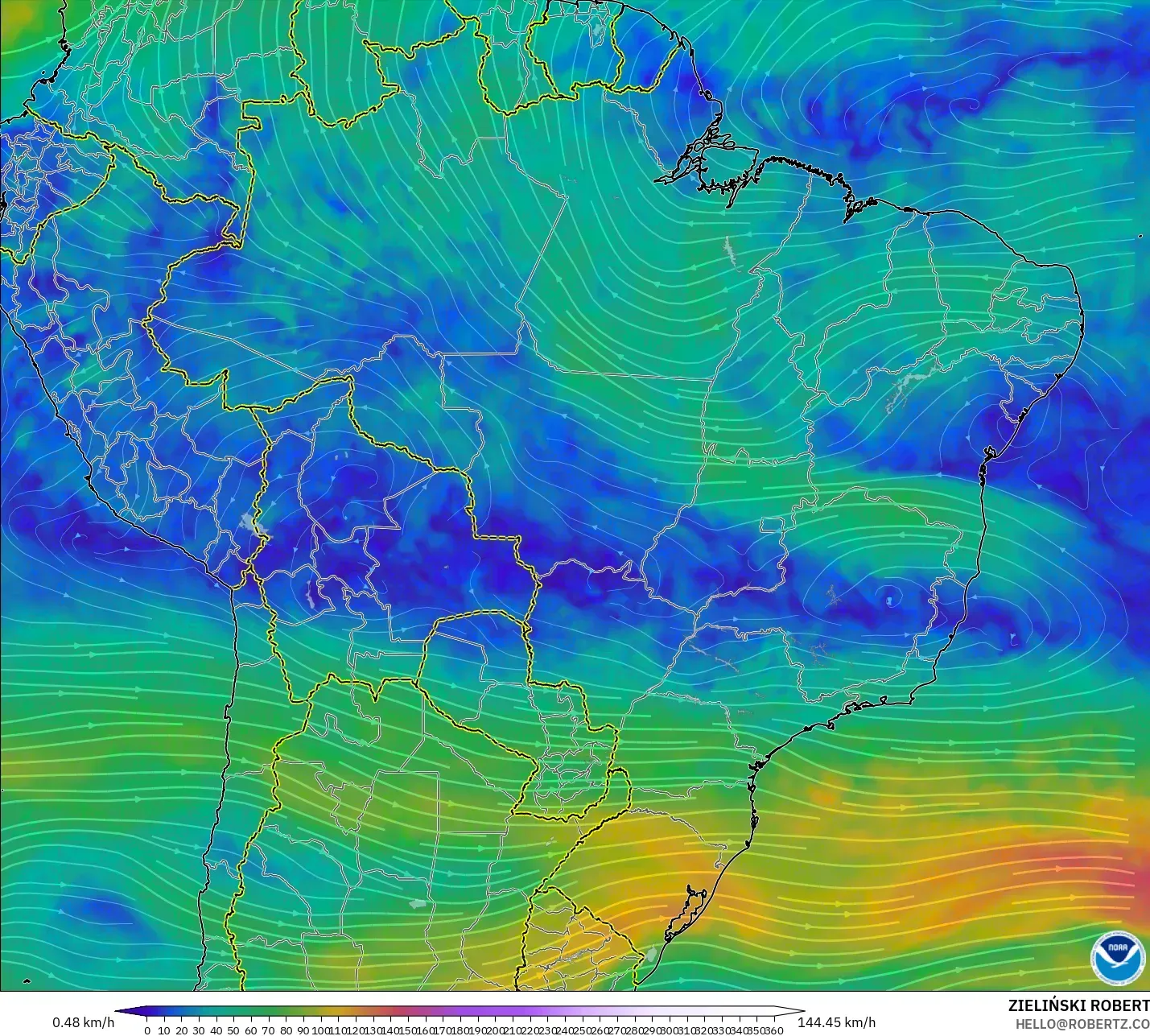 GFS model - Brazil, Wind at 300hPa (jet stream)