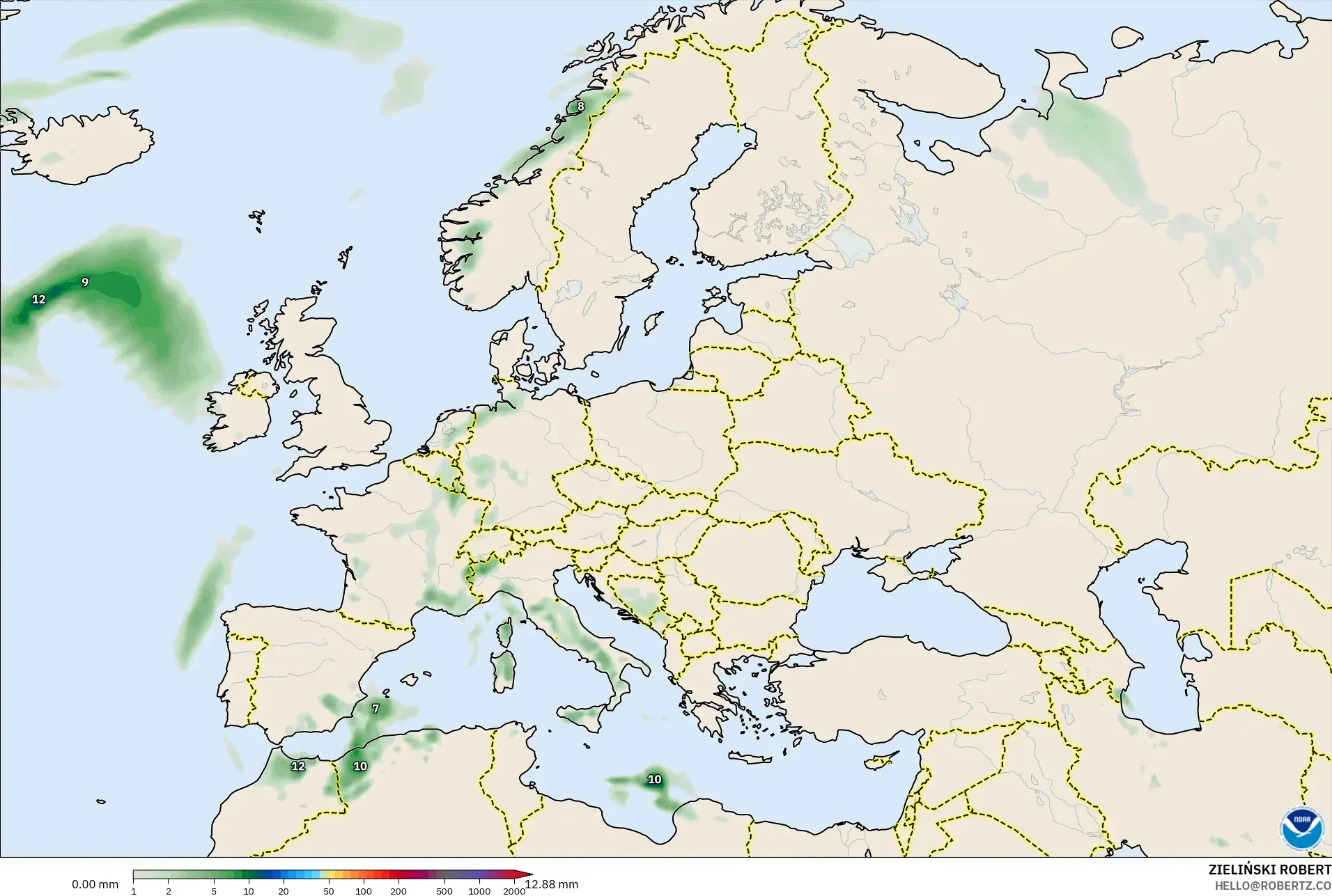 GFS model - Europe, Precipitation Accumulation