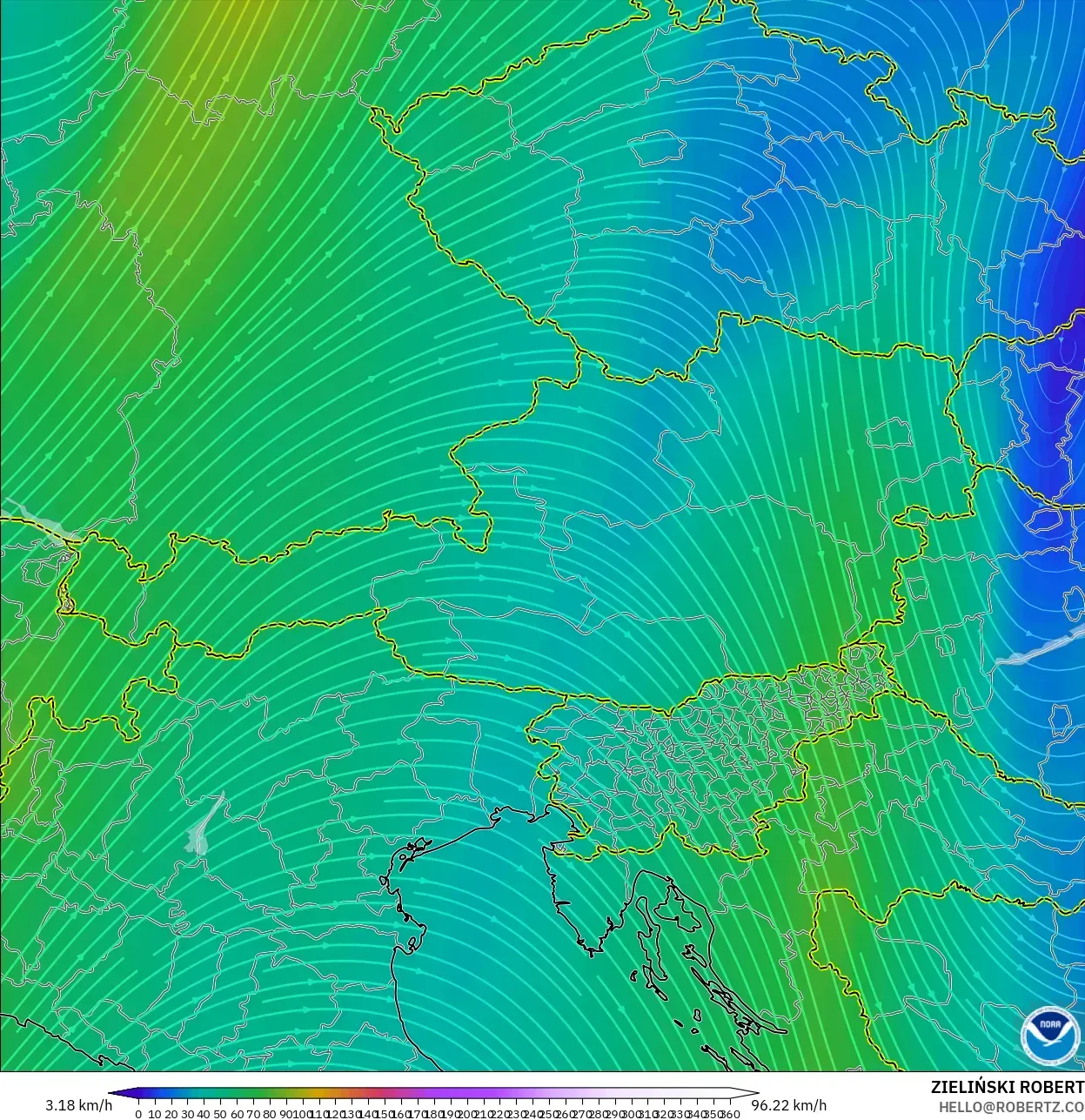 GFS model - Austria, Wind at 300hPa (jet stream)