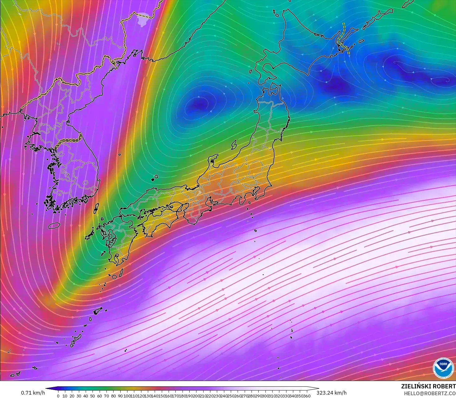 GFS model - Japan, Wind at 300hPa (jet stream)