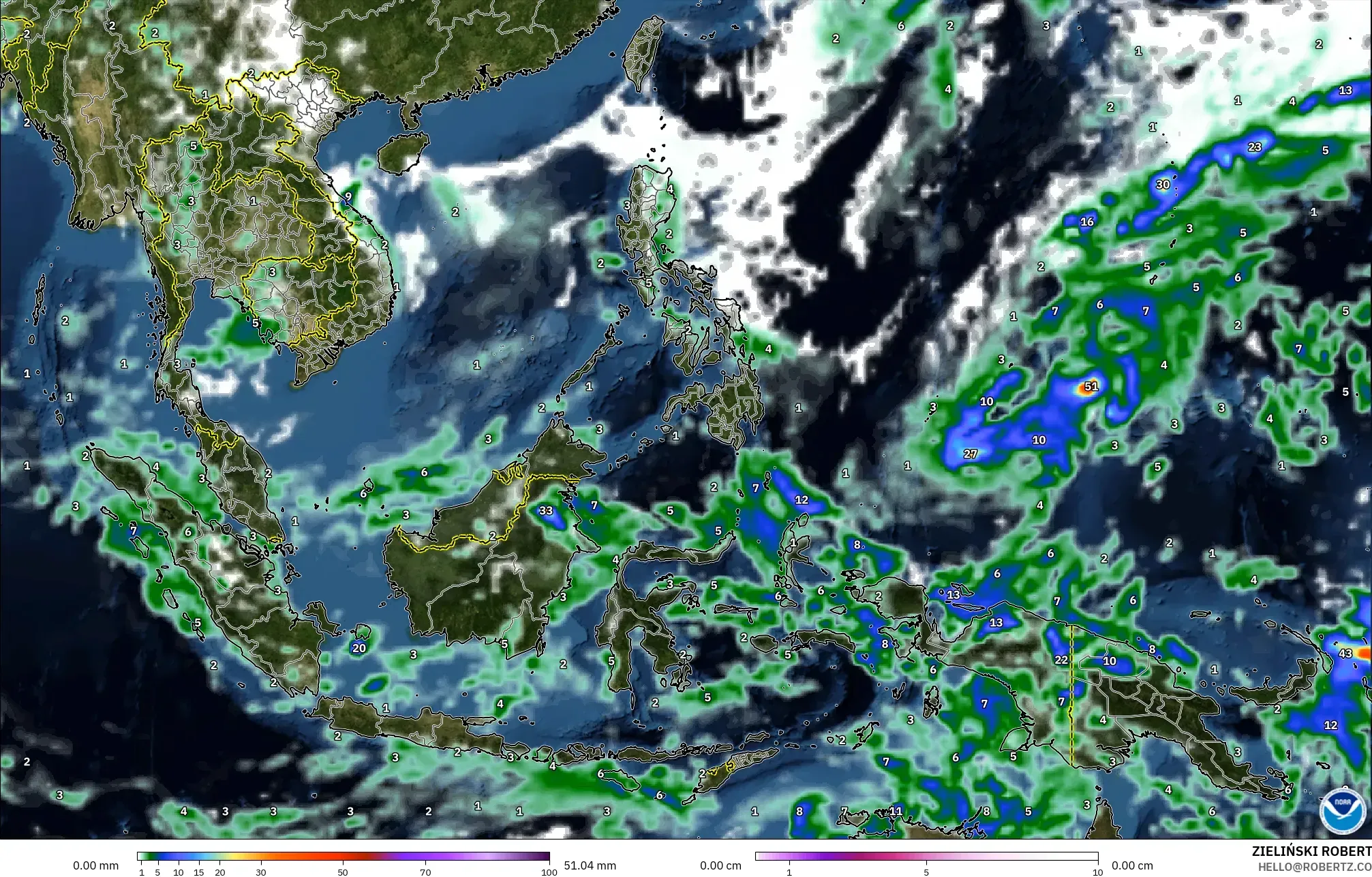 GFS model - South East Asia, Precipitation, Clouds, and Pressure