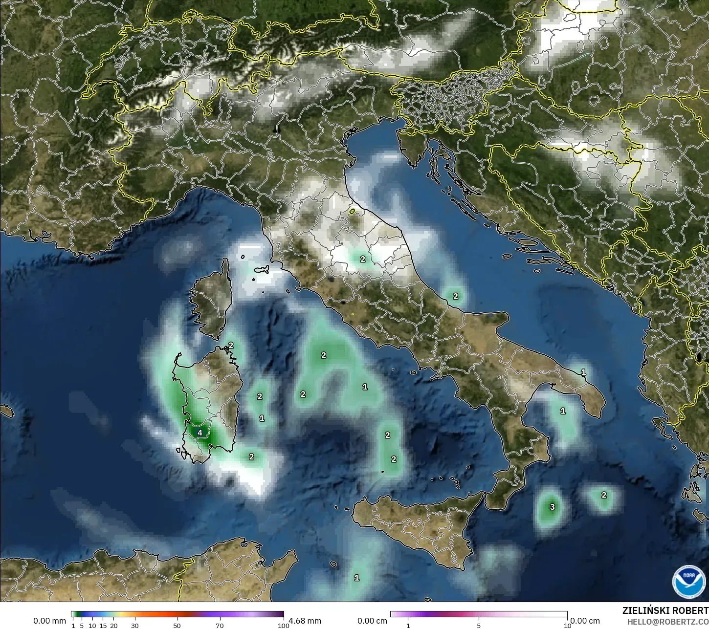 GFS model - Italy, Precipitation, Clouds, and Pressure