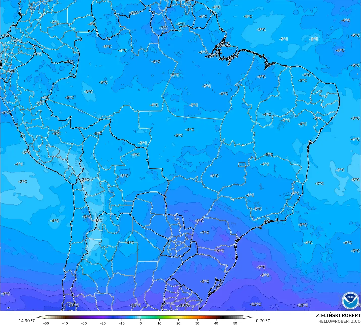 GFS model - Brazil, Temperature at 500hPa