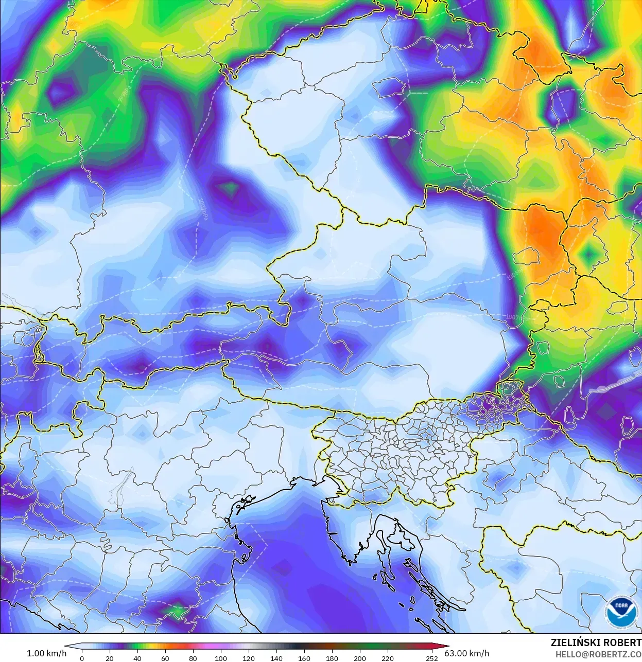 GFS model - Austria, Wind Gusts Peak