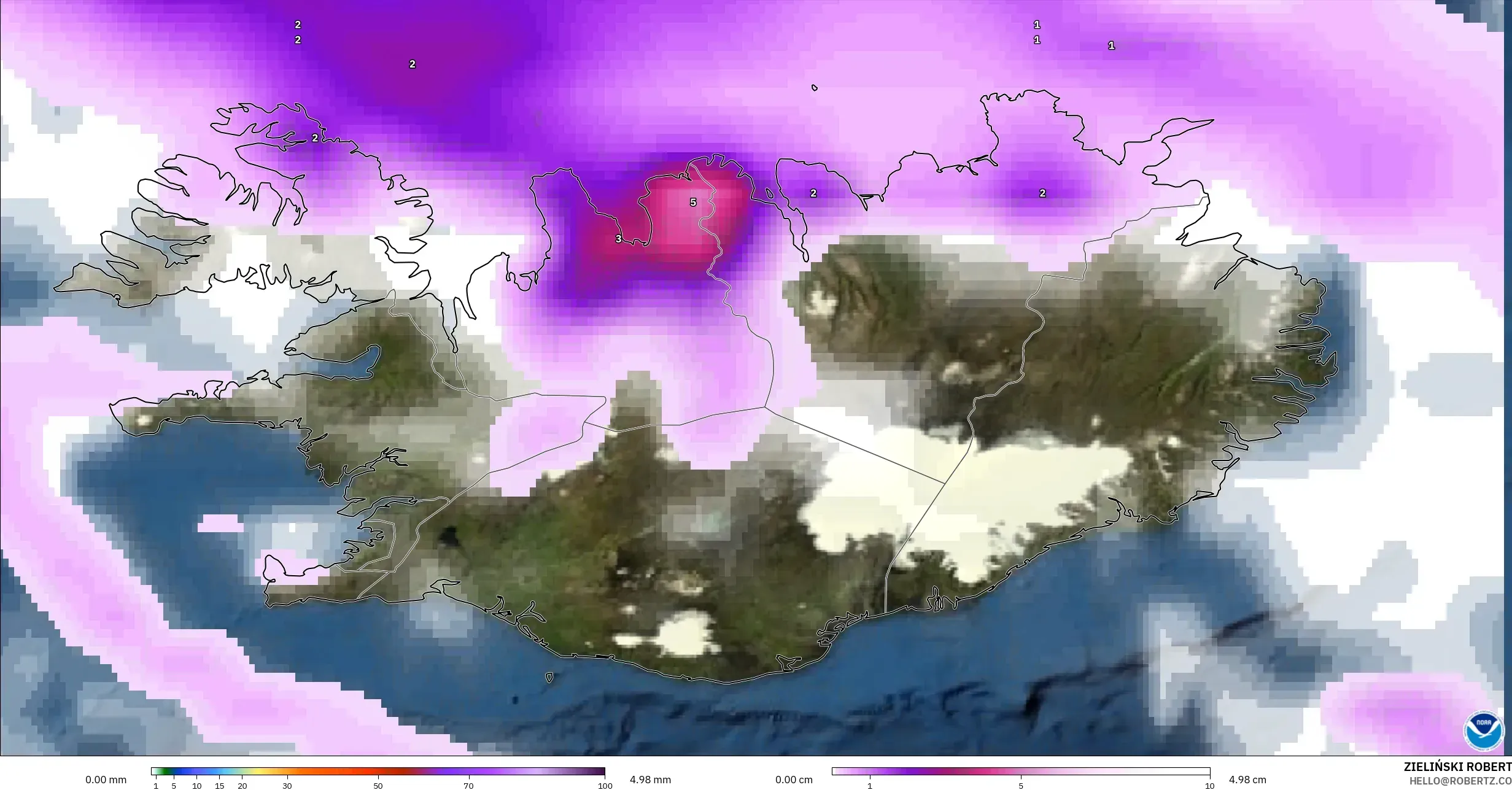 GFS model - Iceland, Precipitation, Clouds, and Pressure