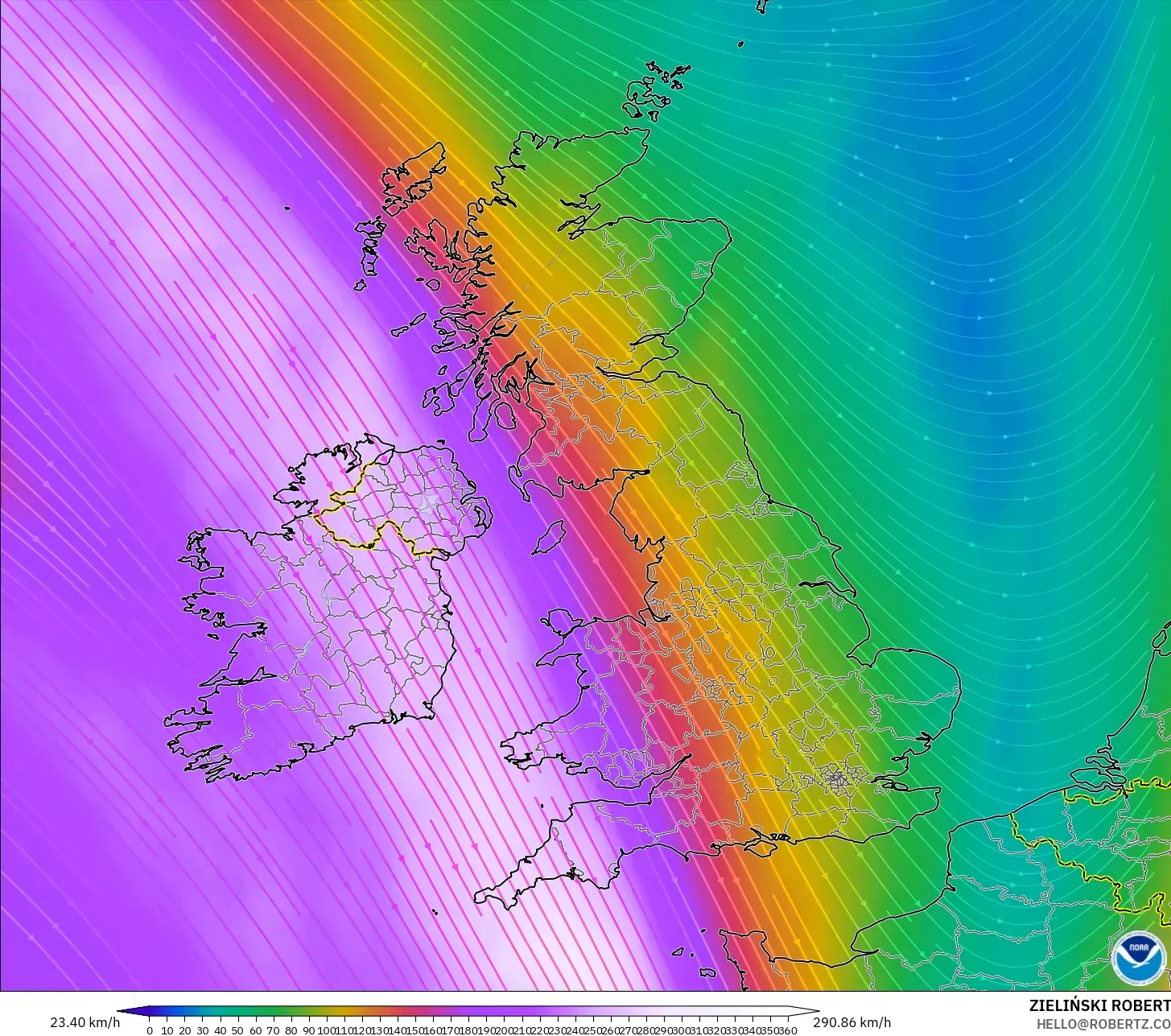GFS model - United Kingdom, Wind at 300hPa (jet stream)