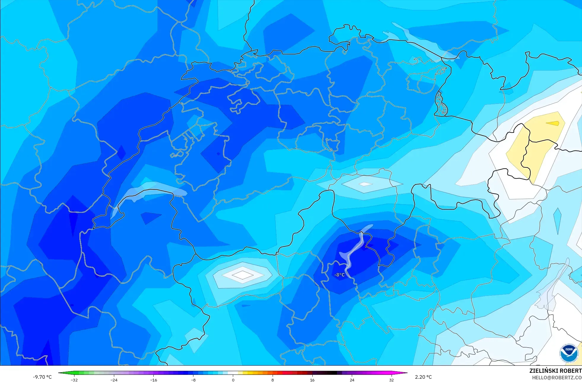 GFS model - Switzerland, Temperature at 2m Anomaly