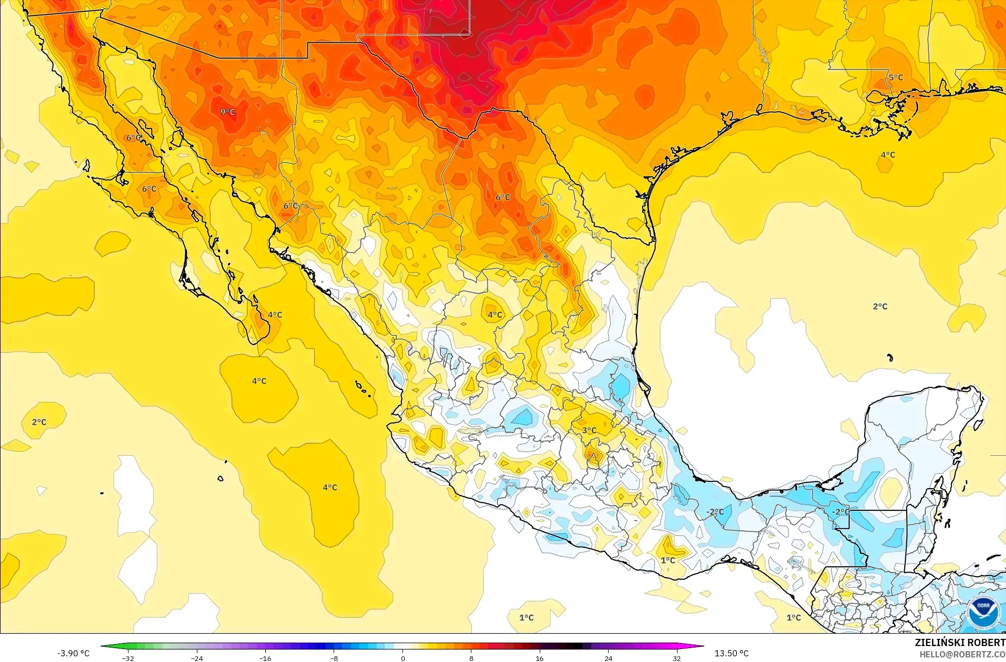GFS model - Mexico, Temperature at 2m Anomaly