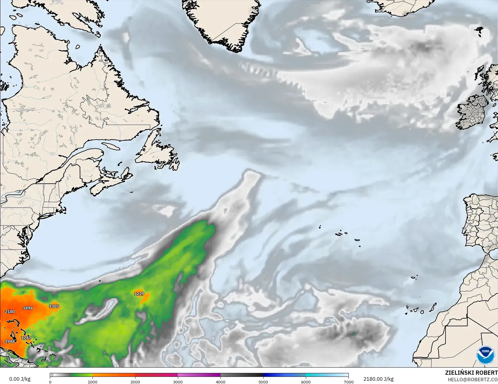 GFS model - North Atlantic, CAPE