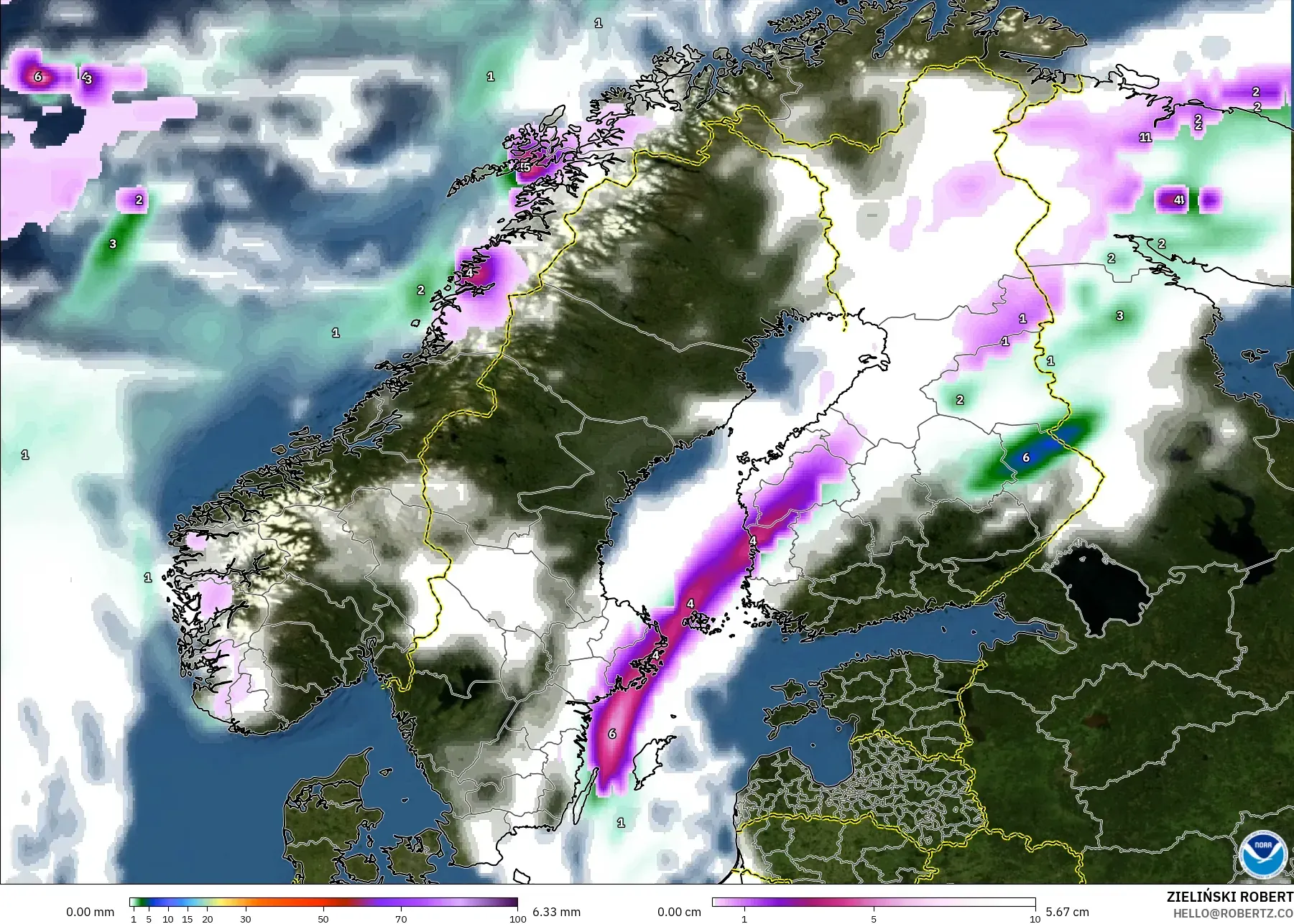 GFS model - Scandinavia, Precipitation, Clouds, and Pressure
