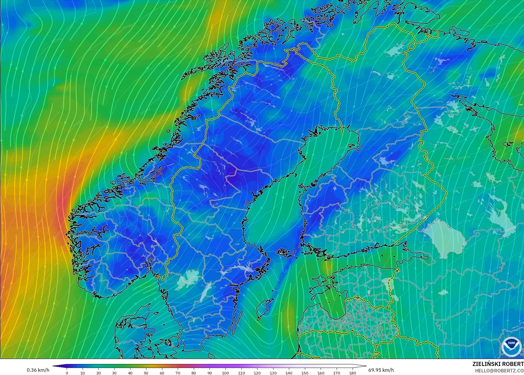 GFS model - Scandinavia, Wind at 10m