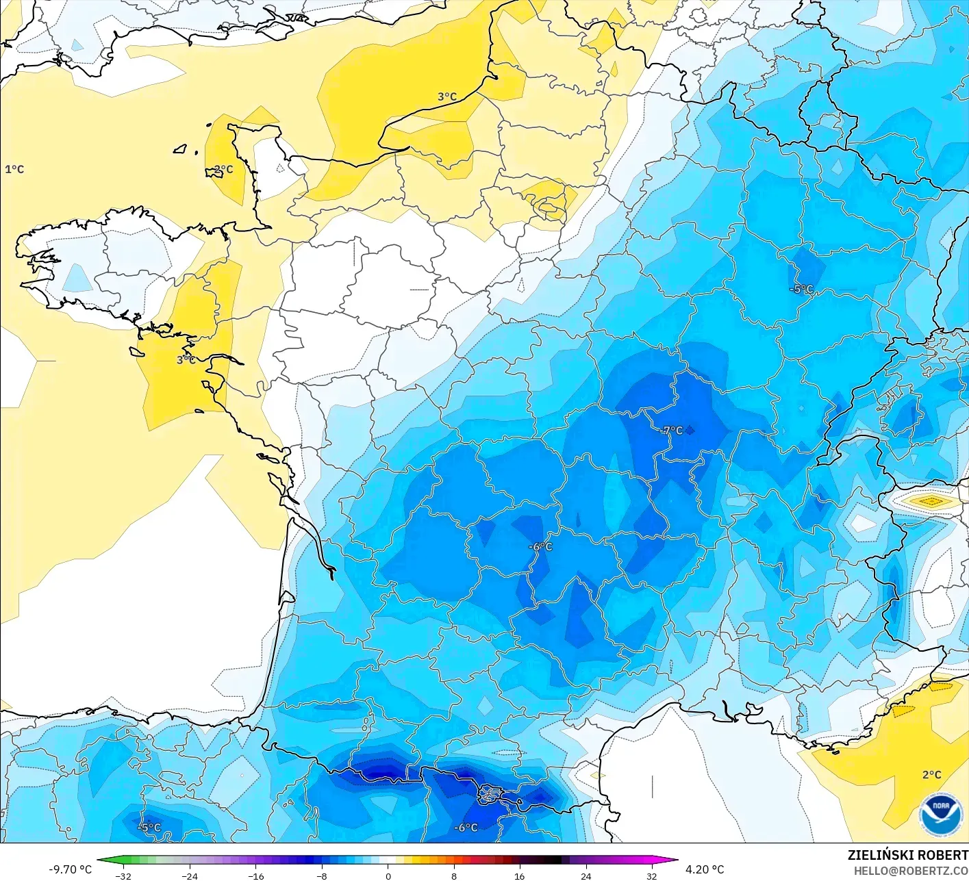 GFS model - France, Temperature at 2m Anomaly