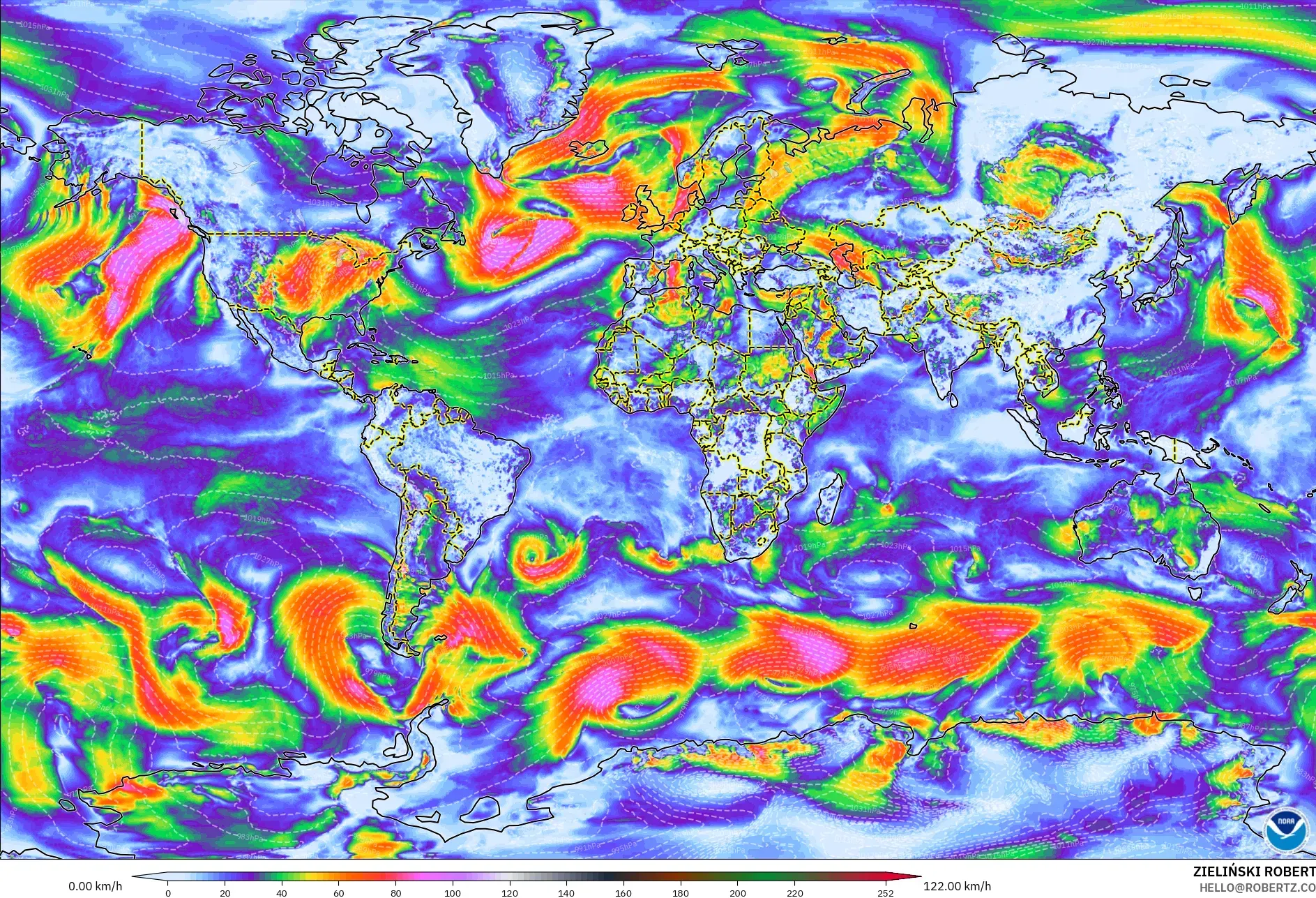 GFS model - World, Wind Gusts