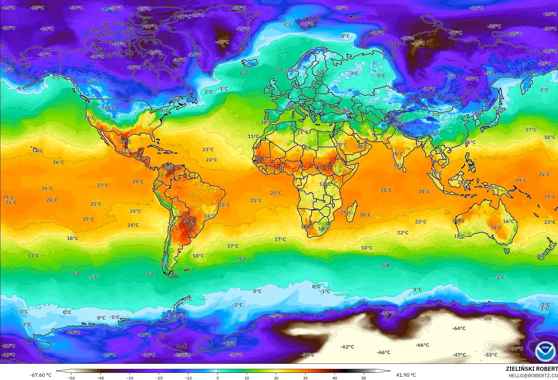 GFS model - World, Temperature at 2m