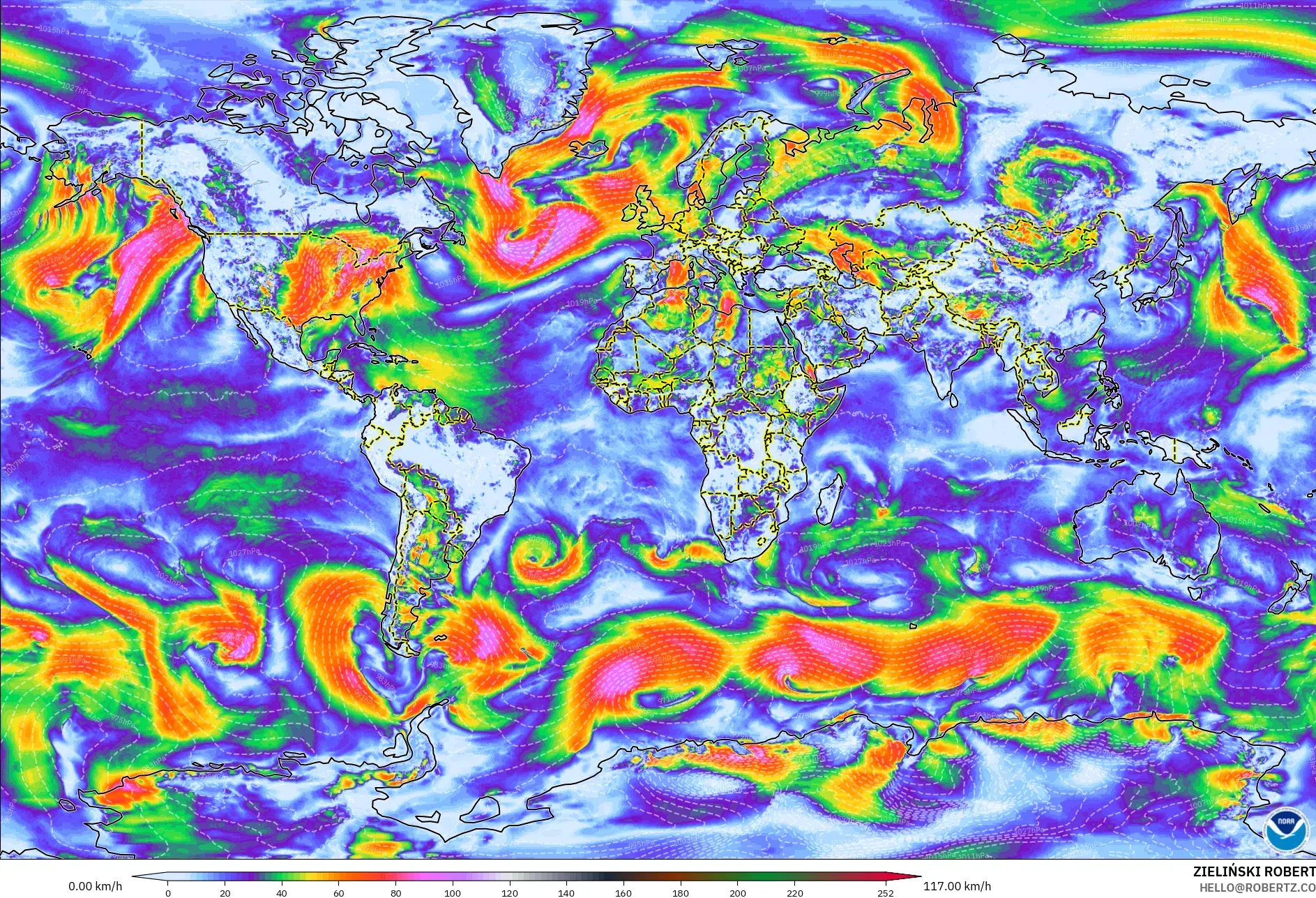 GFS model - World, Wind Gusts Peak