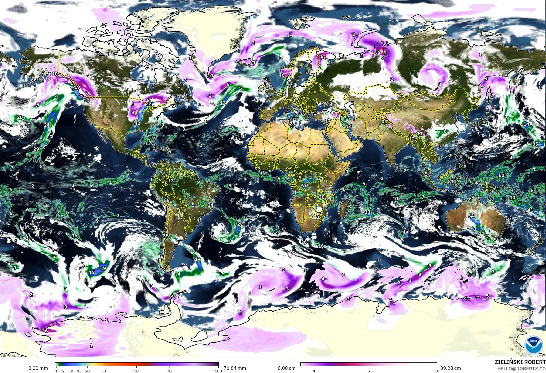 GFS model - World, Precipitation, Clouds, and Pressure
