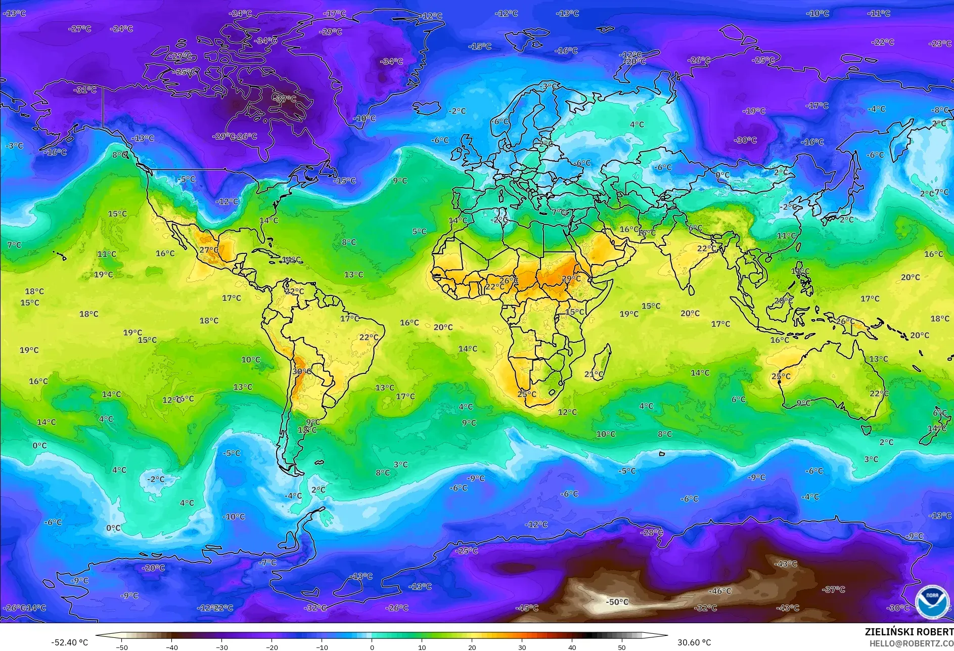 GFS model - World, Temperature at 850hPa