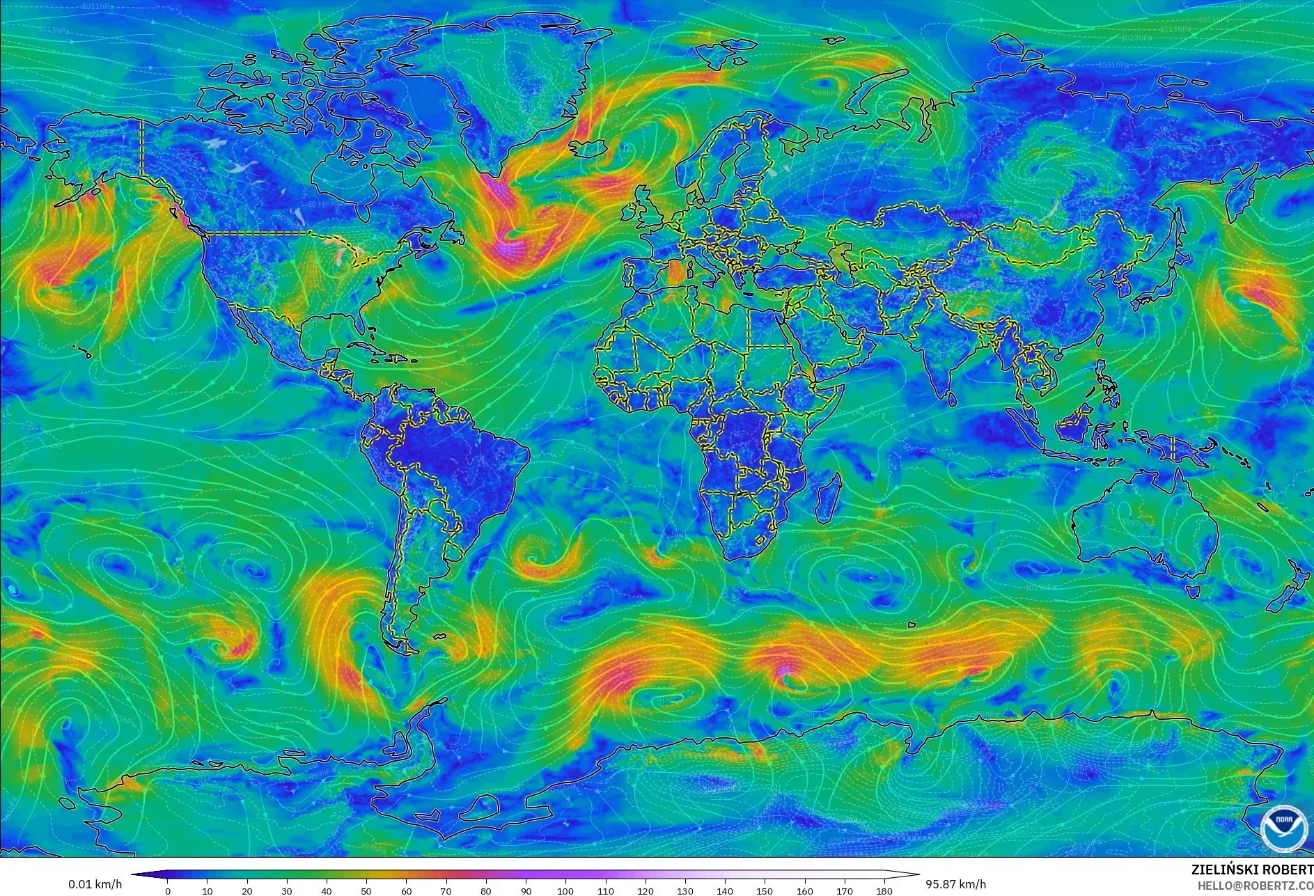 GFS model - World, Wind at 10m
