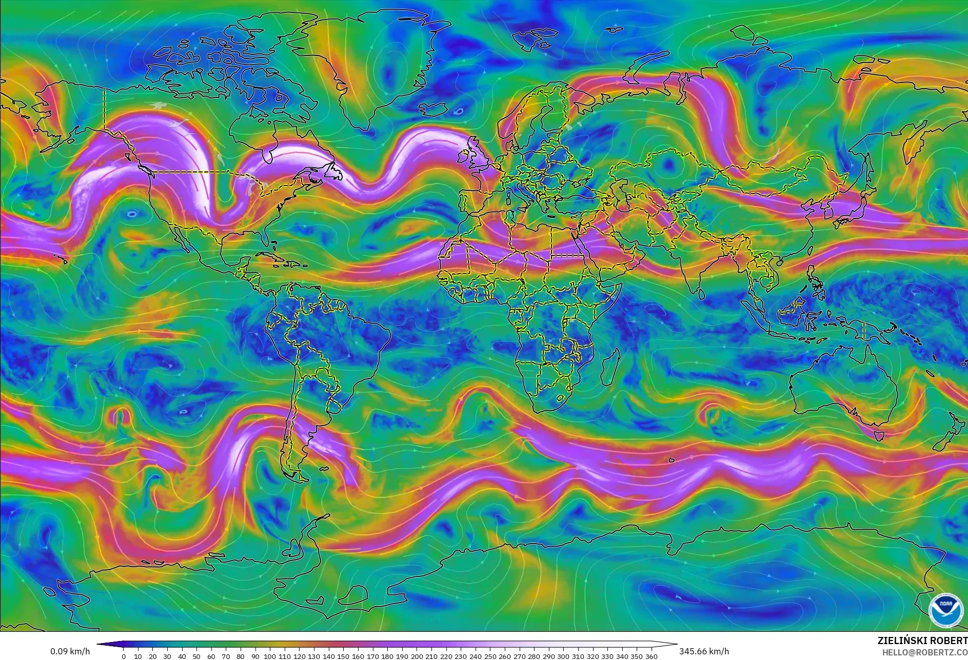 GFS model - World, Wind at 300hPa (jet stream)