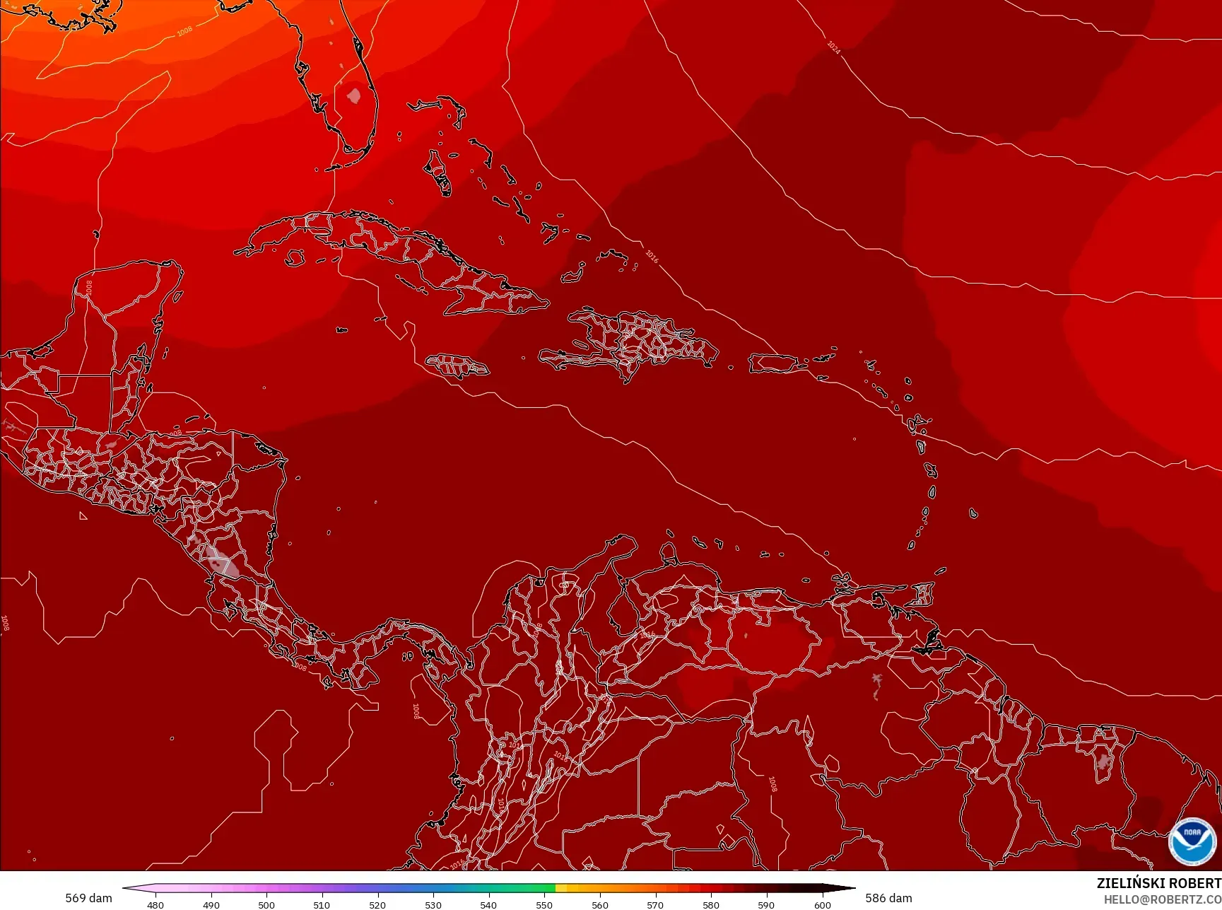 GFS model - Caribbean, Geopotential height at 500hPa