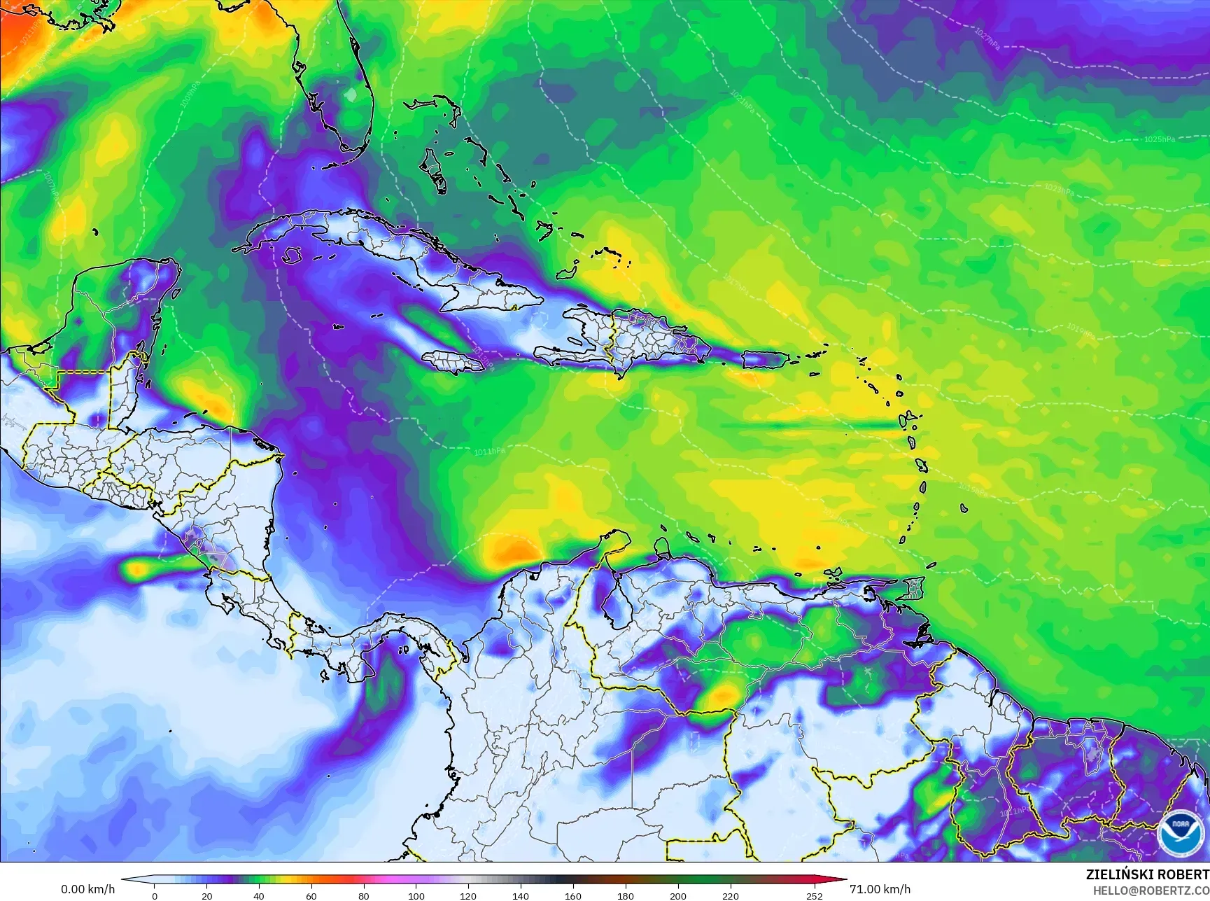 GFS model - Caribbean, Wind Gusts