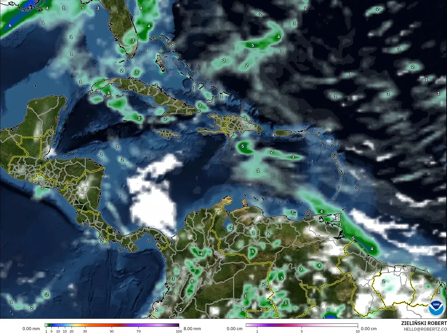 GFS model - Caribbean, Precipitation, Clouds, and Pressure