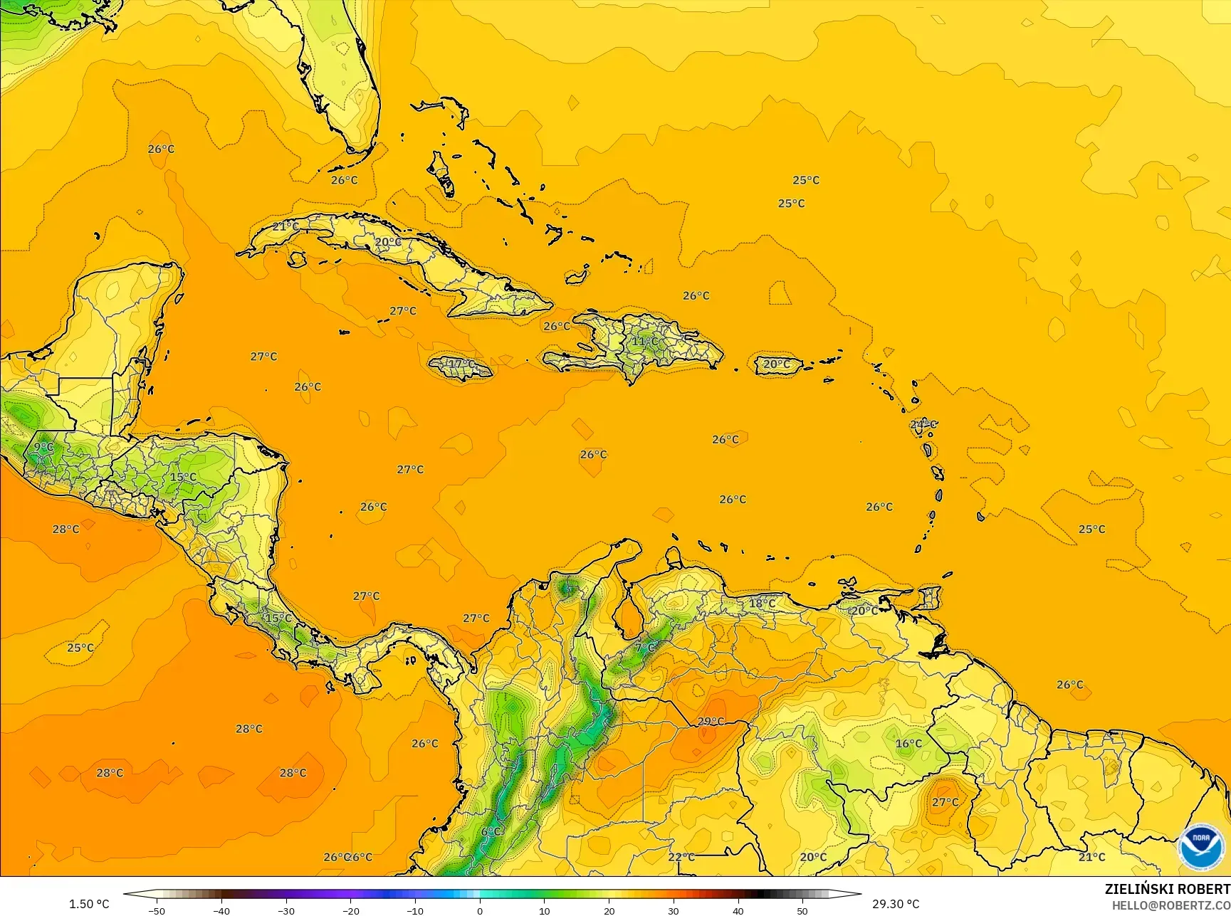 GFS model - Caribbean, Temperature at 2m