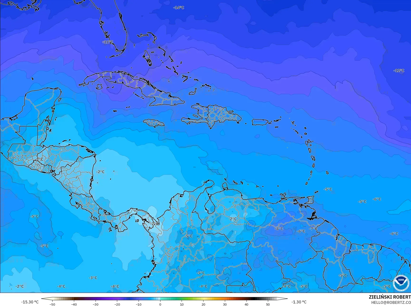 GFS model - Caribbean, Temperature at 500hPa