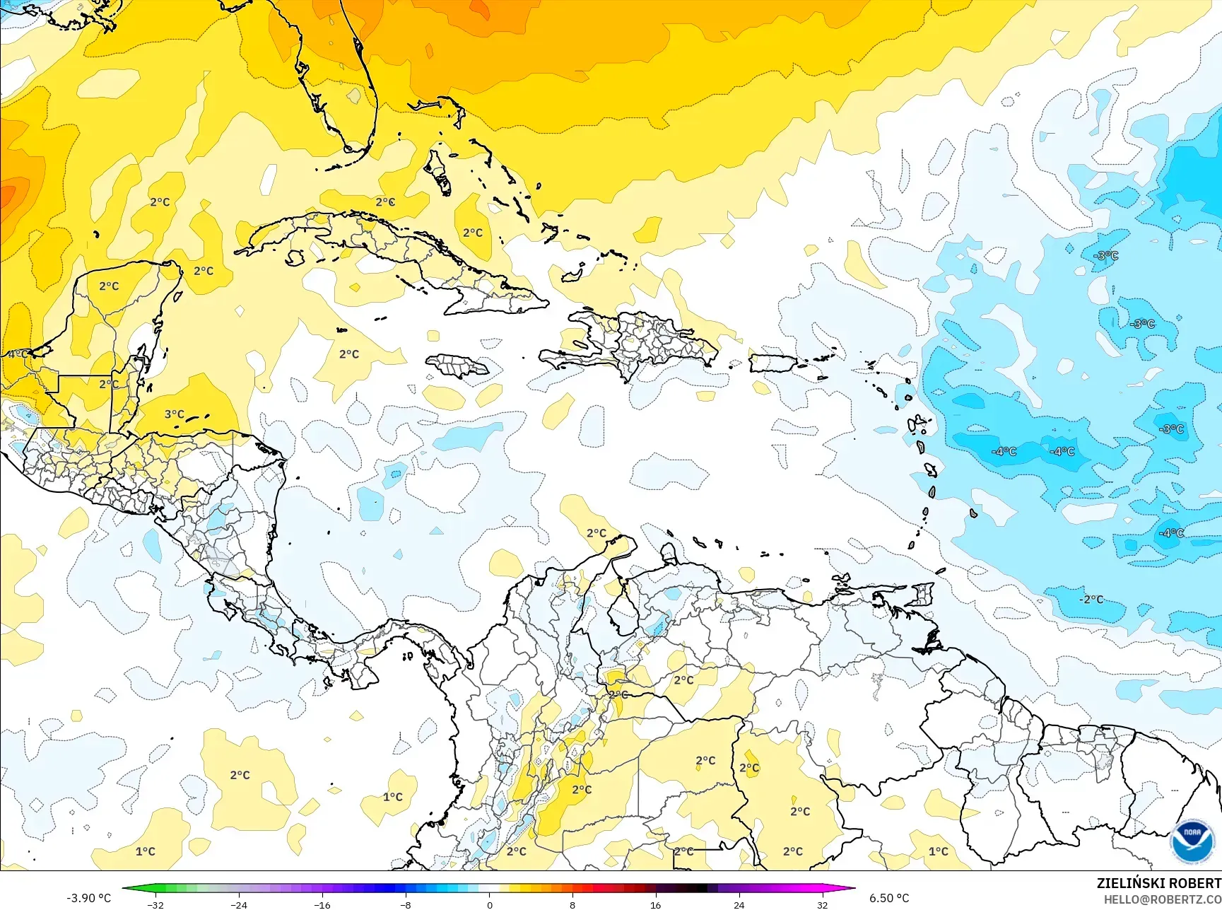 GFS model - Caribbean, Temperature at 850hPa Anomaly
