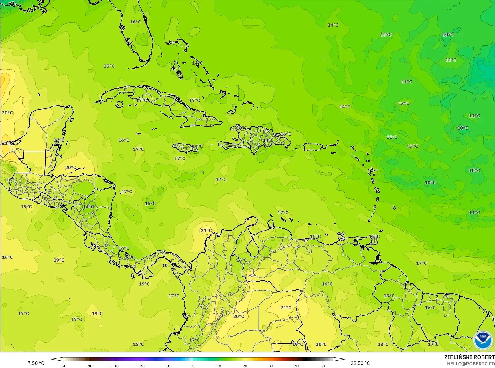 GFS model - Caribbean, Temperature at 850hPa