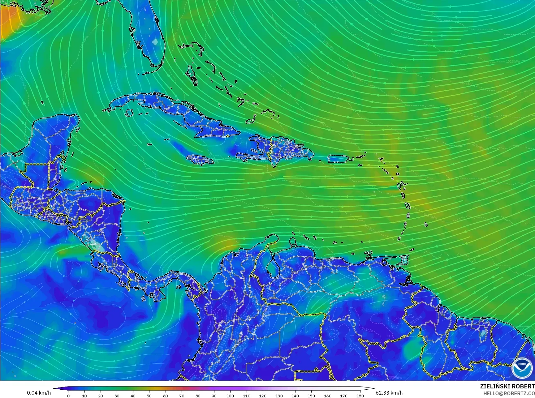 GFS model - Caribbean, Wind at 10m
