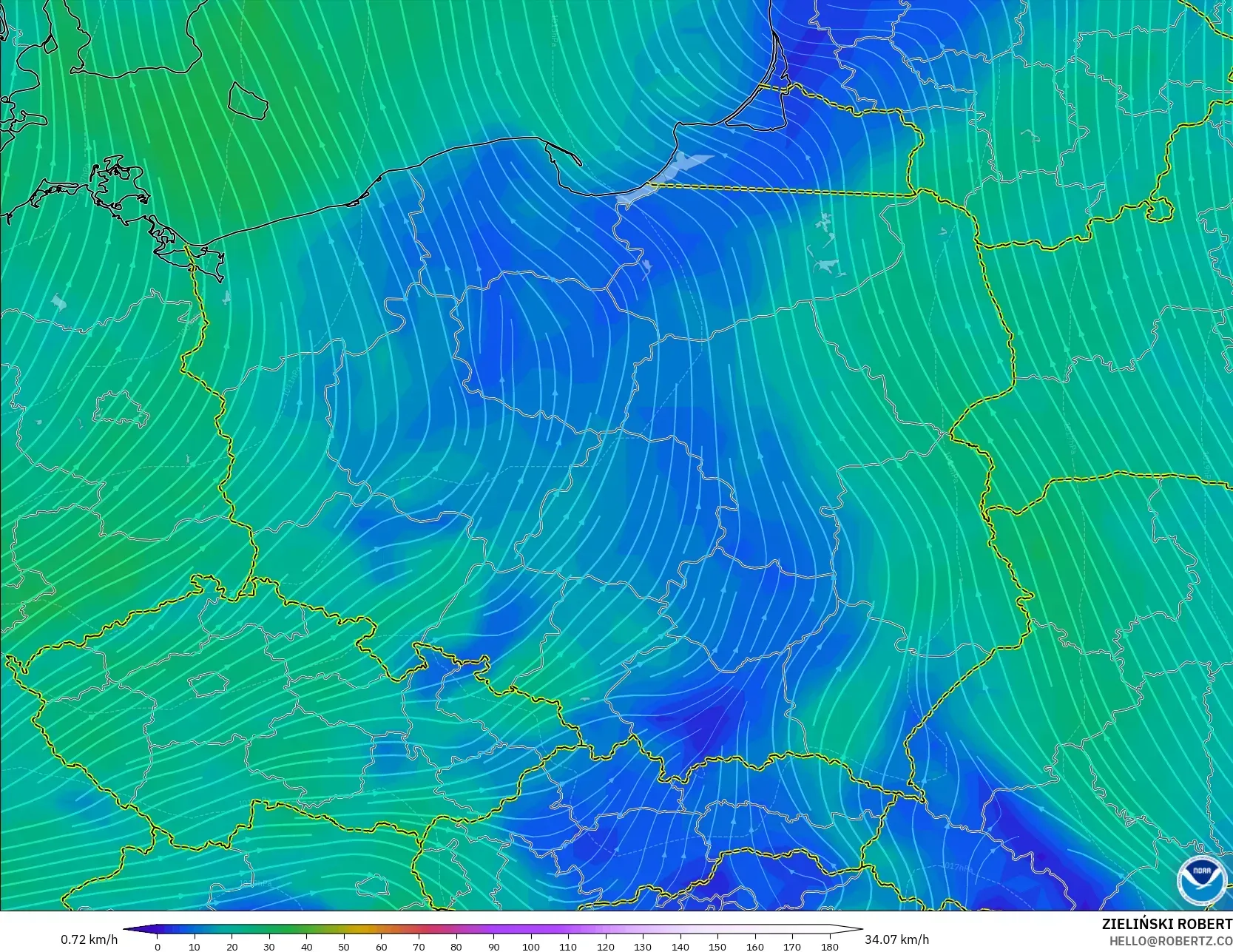 GFS model - Poland, Wind at 10m