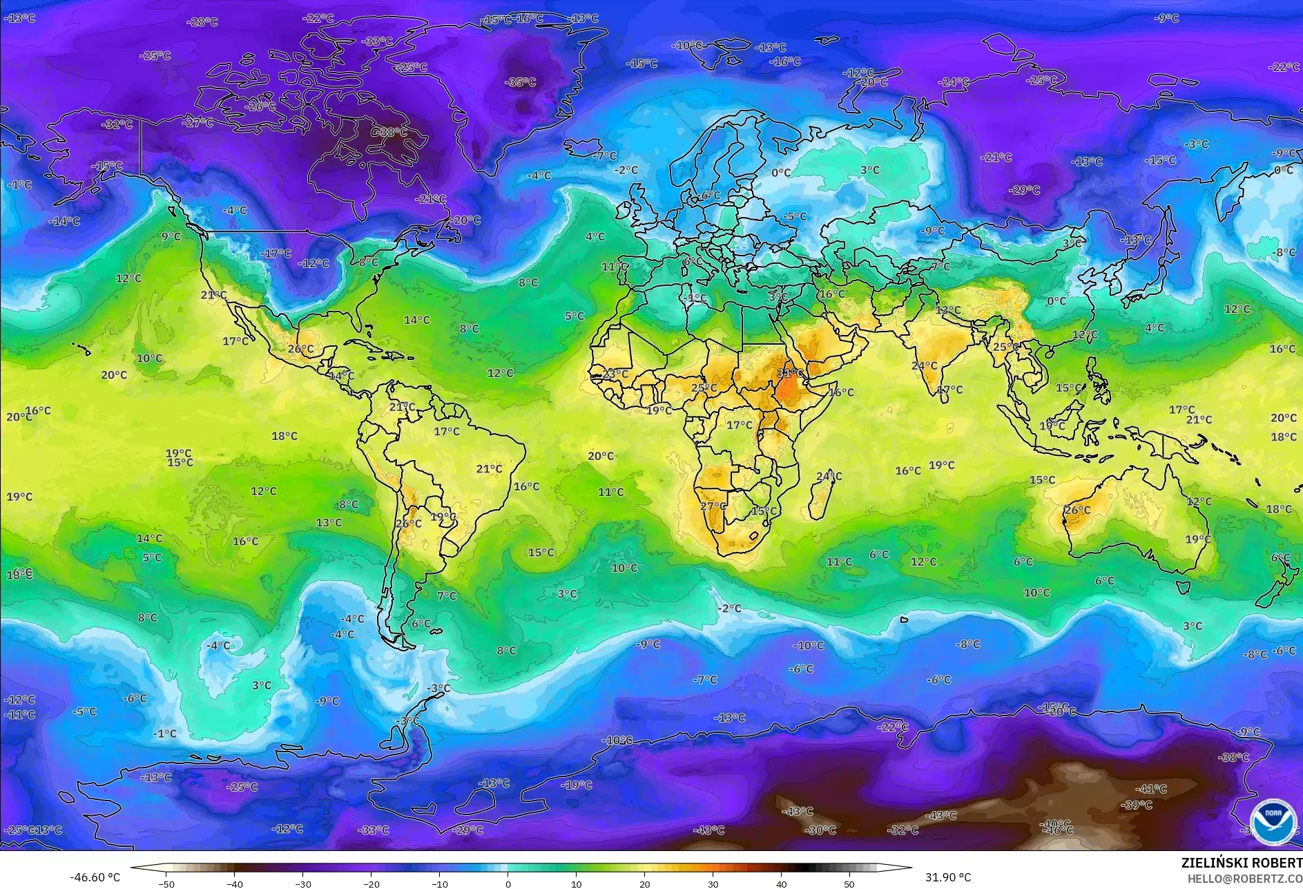 GFS model - World, Temperature at 850hPa