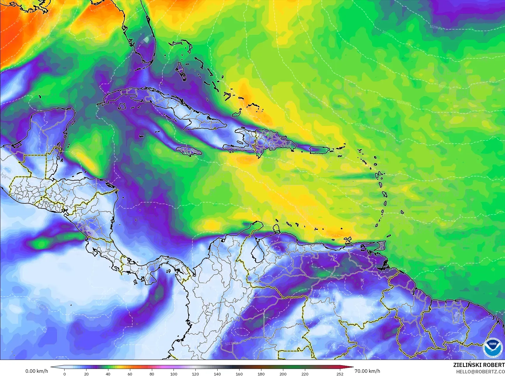 GFS model - Caribbean, Wind Gusts Peak