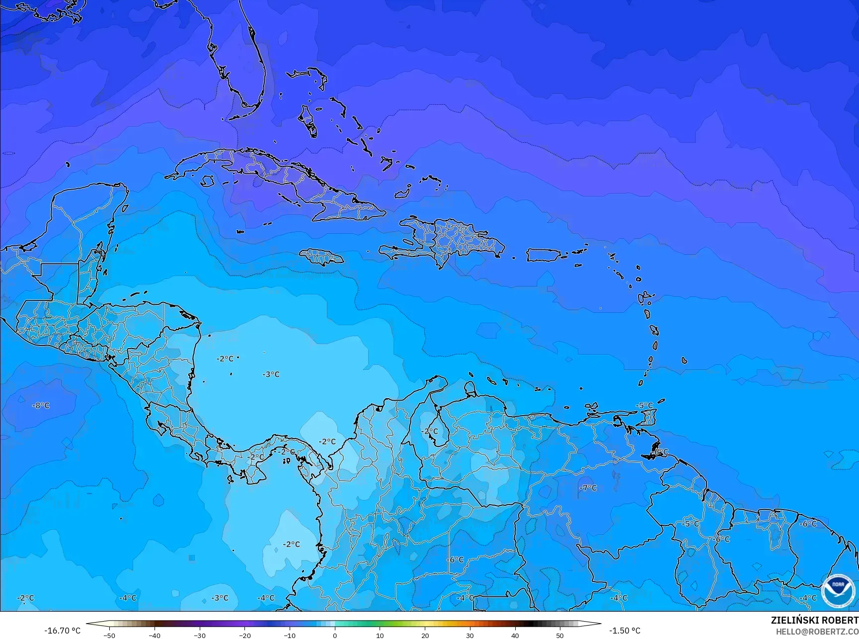 GFS model - Caribbean, Temperature at 500hPa