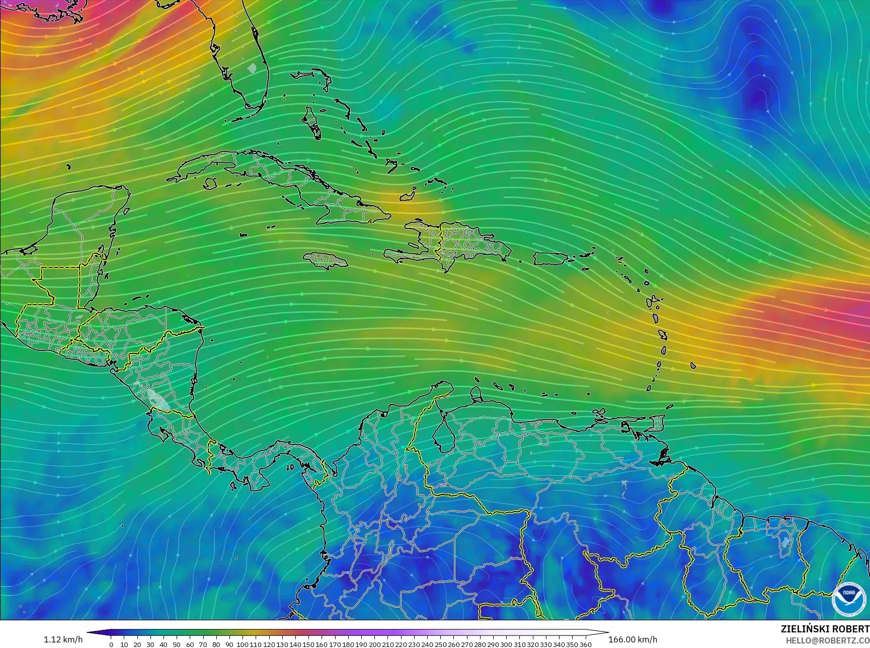 GFS model - Caribbean, Wind at 300hPa (jet stream)