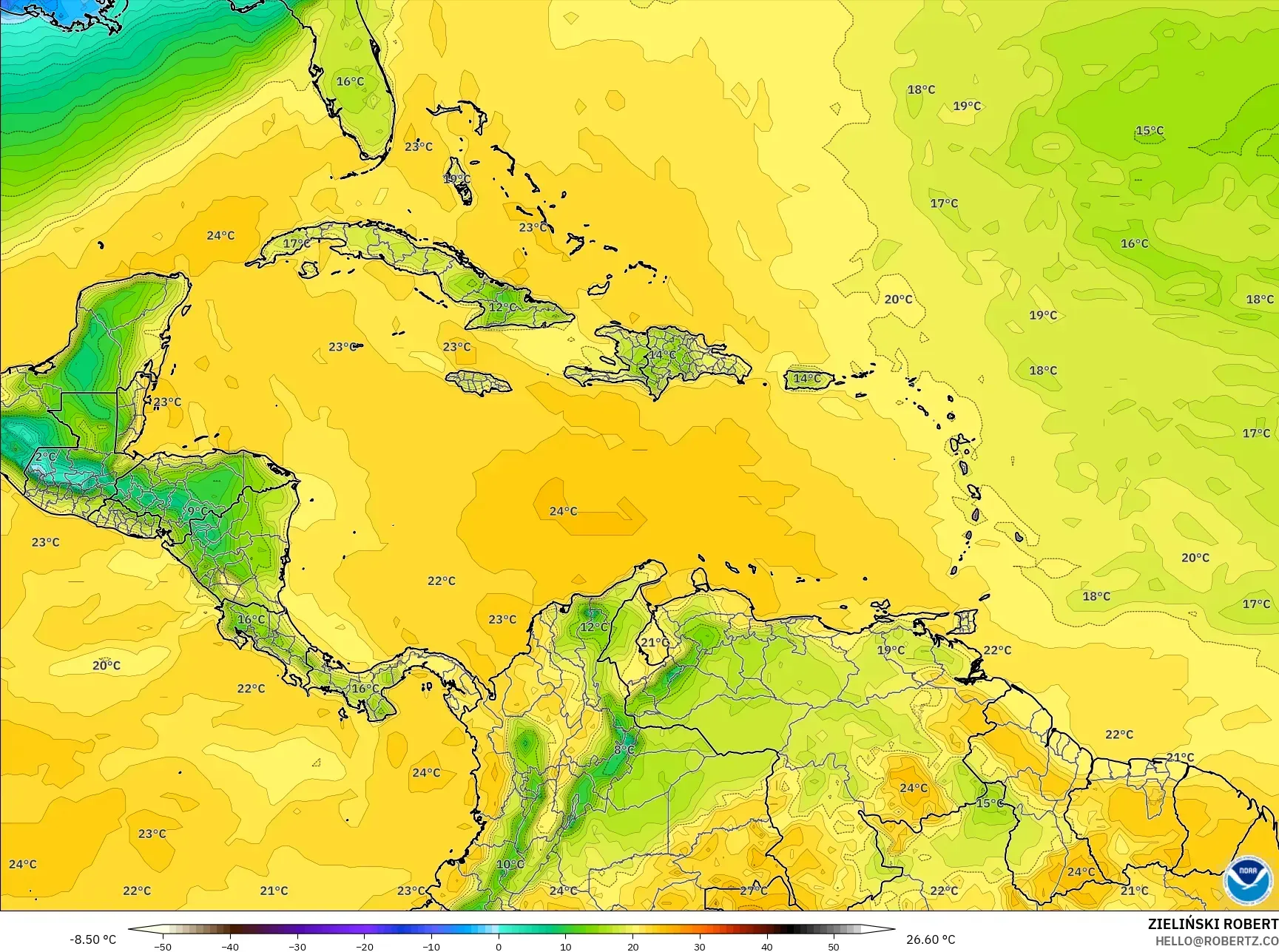 GFS model - Caribbean, Dewpoint at 2m