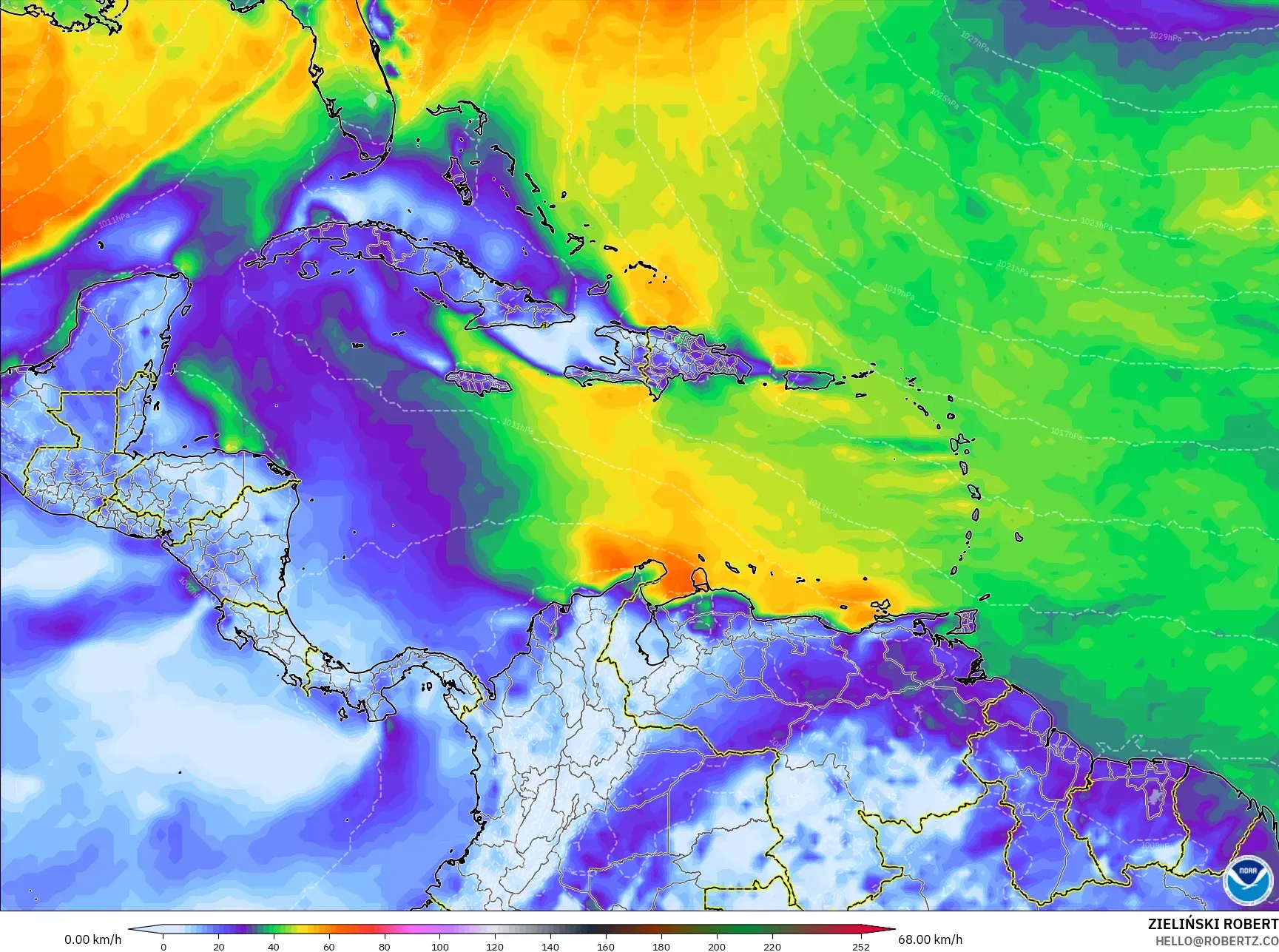 GFS model - Caribbean, Wind Gusts Peak