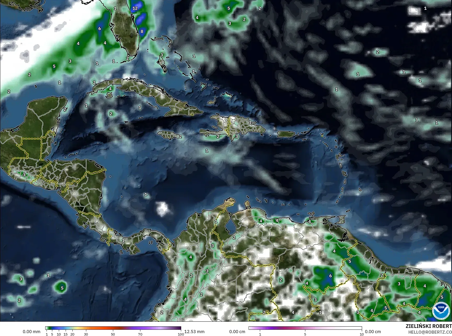 GFS model - Caribbean, Precipitation, Clouds, and Pressure