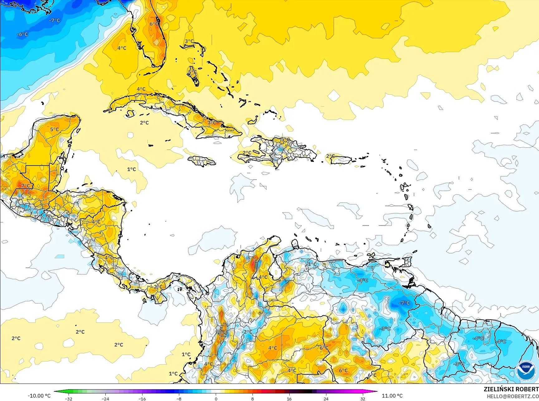 GFS model - Caribbean, Temperature at 2m Anomaly