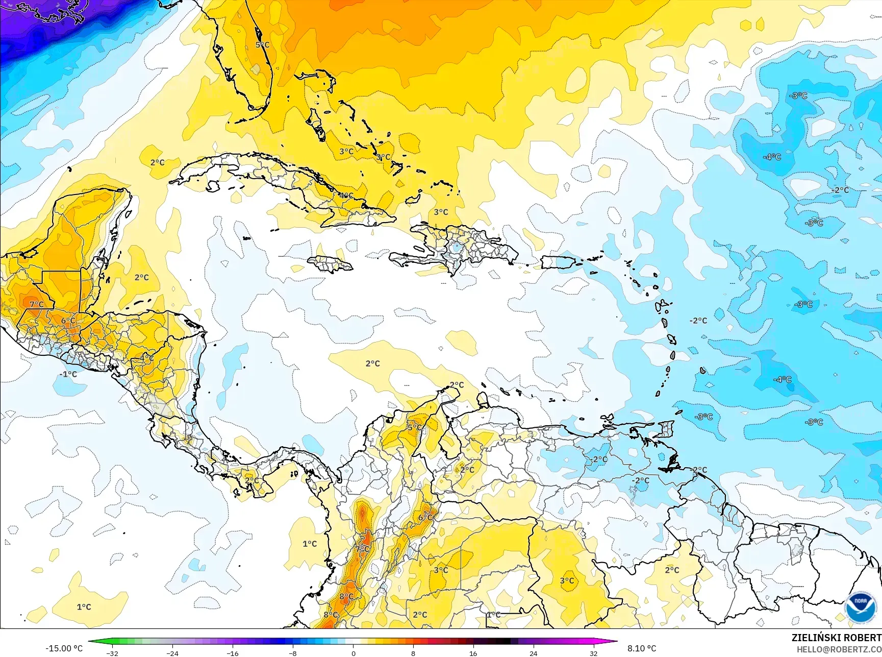 GFS model - Caribbean, Temperature at 850hPa Anomaly